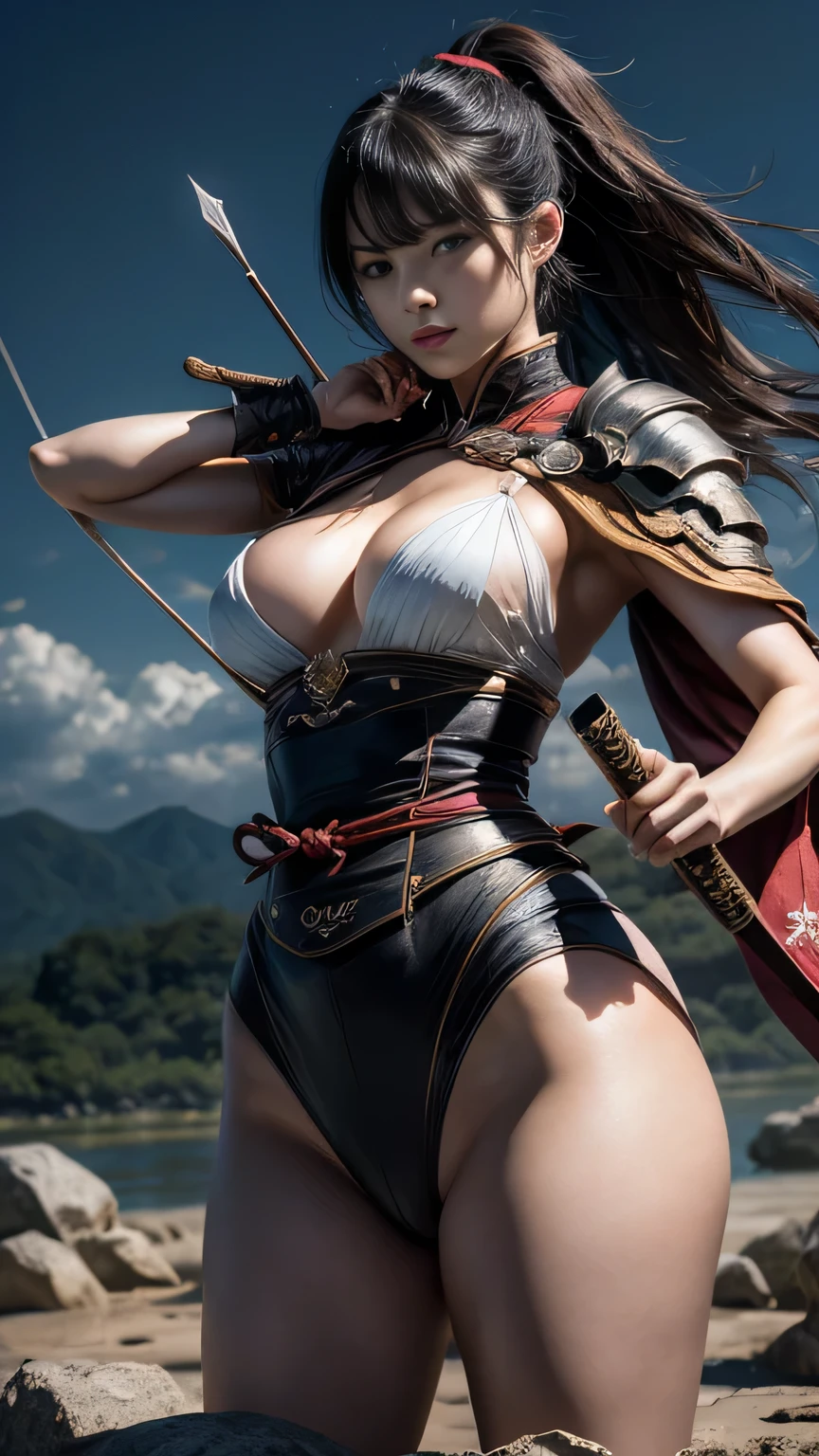 Timeless charm, elegance, photo movie-like ultra-ultra high definition, super real, 8K, ticker, ultra high resolution, masterpiece, (Photo Real Stick: 1.2), sharp focus,
1girl, cowboy shot, female warlord from the Sengoku period, (accurate anatomy: 1.5), pose during battle, severe expression, (highly detailed skin and facial texture: 1.2), armor, (holding a sharp Japanese sword) (Rain, lightning, rising smoke, sparks, flying arrows, many arrows,)), Aesthetic. , Cute beauty, (Perfect style: 1.2), fair skin, very beautiful face, dark eyes, long black hair in a ponytail, messy hair, beautiful face, exquisite face, perfect proportions, drop-shaped breasts, large breasts, Thick thighs, (beautiful brown eyes, ), (dynamic pose, change pose, dynamic angle,), dark night, big river, riverbed, Japanese wilderness, (wide angle of view: 1.5),