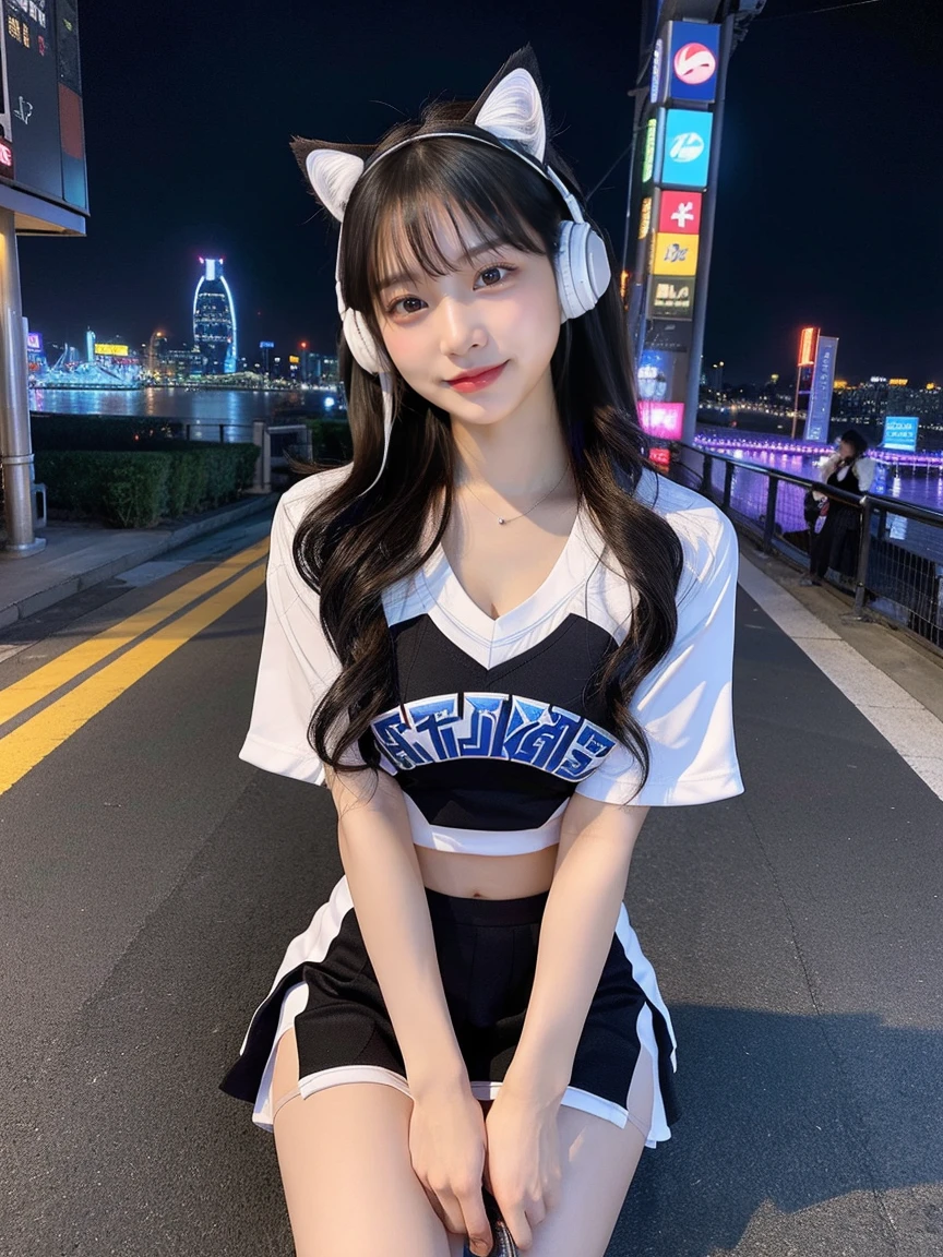 Four Girls, Full body photo、whole、最high quality, masterpiece, 32k、Very detailed、Realistic、Random Face、Japanese women、Cute face, (photo Actual:1.3), Edge lighting, (Skin with attention to detail:1.2), 8k超High resolution, Single-lens reflex camera, high quality, High resolution, 4K, 8k, Optimal ratio of four fingers to one thumb, (Actual:1.3), smile、自然なsmile、Baseball Cheerleader Costumes(black、Light blue line design、Japanese professional baseball cheerleaders)、Cat ear headphones(ピンク色のネオンCat ear headphones)、There are four cute girls., Realistic、Super Realistic、32k、Very detailed、masterpiece, 最high quality, beautiful girl, beauty、 Mecha, Beautiful lighting, Sitting,Cyber Neon、Future City、Skyscraper、City Night、Shanghai、Big cities、Night view、綺麗なNight view