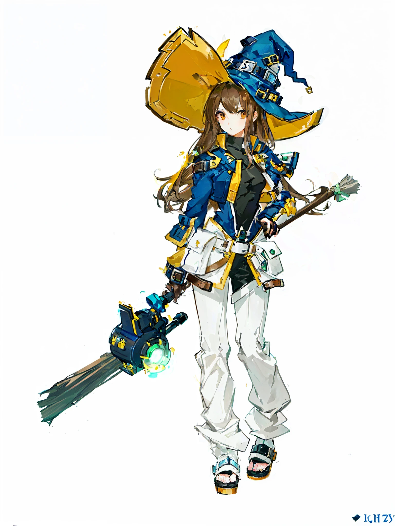 (brown long hair swept bangs:1.3), a close up of a person with a hat and a broom, guilty gear art style, mechanized witch girl, official character art, jrpg character art, interesting character design, character artwork, video game character art, ( ( character concept art ) ), anime character art, guilty gear art direction, great character design, guilty gear strive splash art, character art