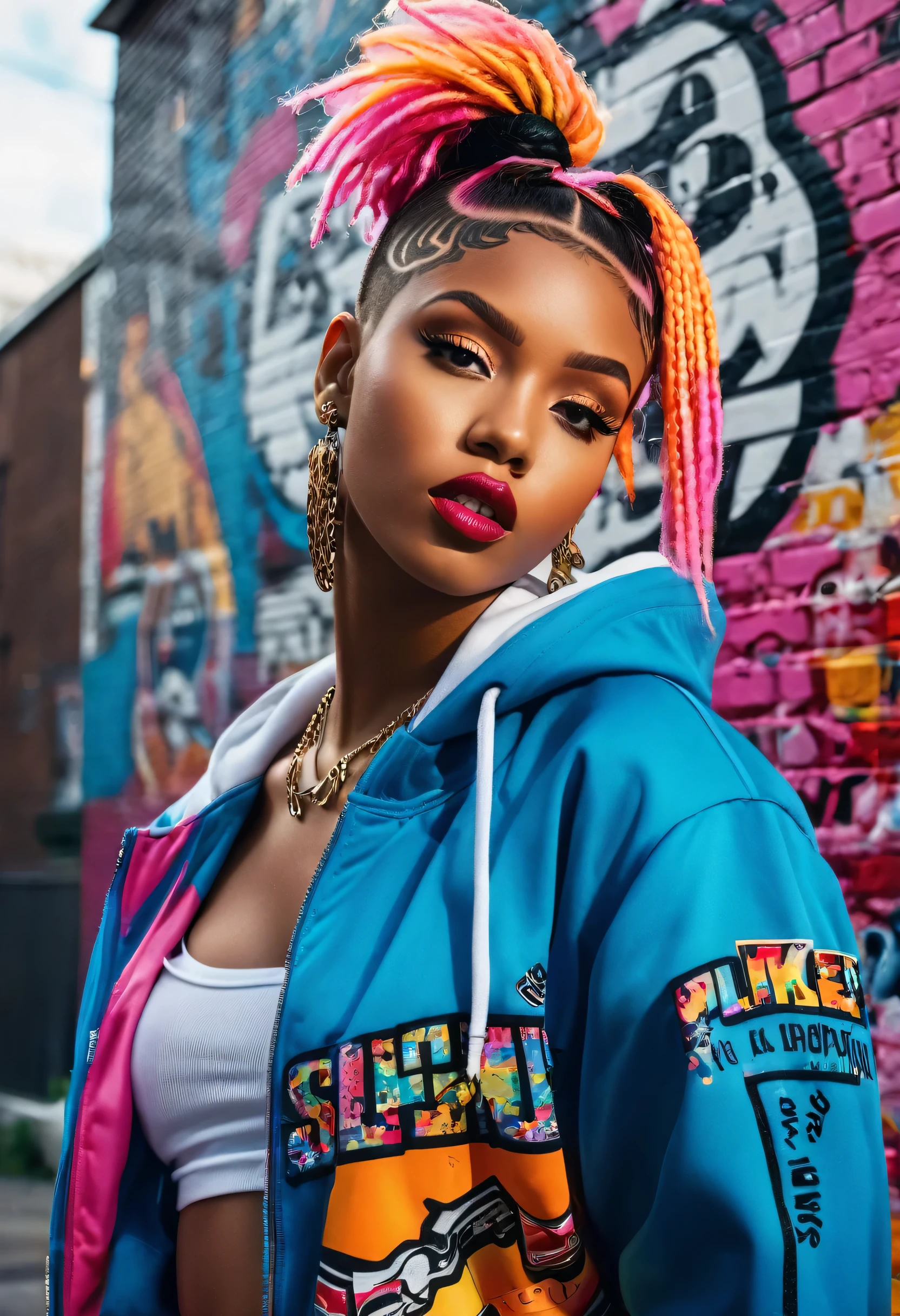 (best quality,4k,8k,highres,masterpiece:1.2),ultra-detailed,(realistic,photorealistic,photo-realistic:1.37),hip hop fashion,portrait,colorful,retro,vibrant colors,pixelated style,detailed facial features,expressive eyes and lips,urban background,stylish clothing,cool poses,graffiti details,shiny accessories,cultural elements,street art vibes,dynamic lighting,creative composition,striking contrasts,stylized hair,funky patterns,oldschool vibes,confident expressions,energetic atmosphere,hip hop music influence,playful attitude,urban fashion trends,artistic expression,emotionally charged,uniqueness and individuality,lively characters,positive energy,detailed textures,street style fashion,eye-catching poses,authentic representation,creative .