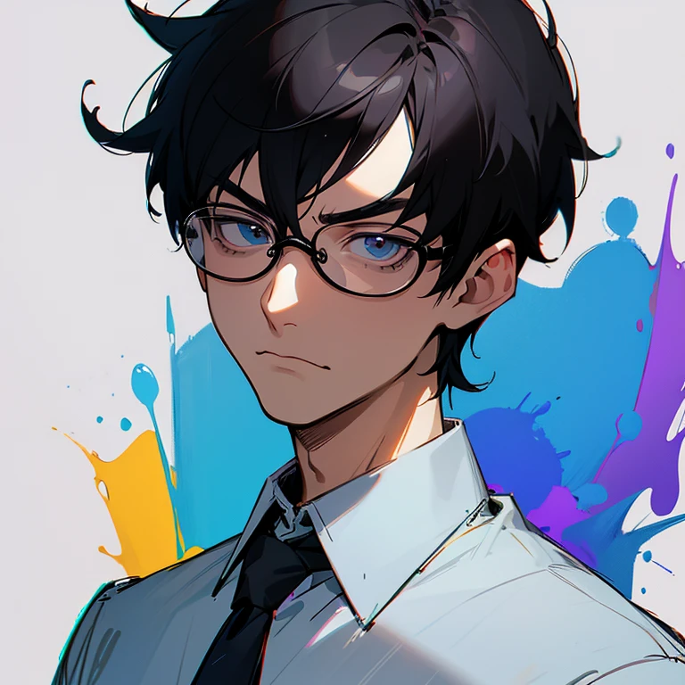 a drawing of a man with glasses and a tie, highly detailed serious anime face, john egbert, short black hair, blue rimmed glasses, paint tool sai!!