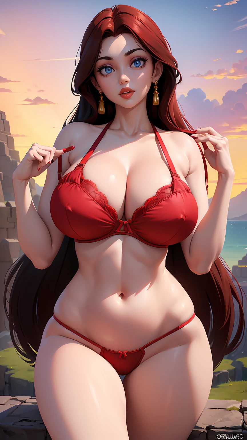 (best quality). (Ultra Detalhado). (1girl), Olhando para o Viewer. (Antecedentes detalhados). belos olhos detalhados. rosto delicado e bonito. (high saturation), seios grandes, droopy breasts, (((red bra with straps))), (((long legs))), (((gigantic breasts))),