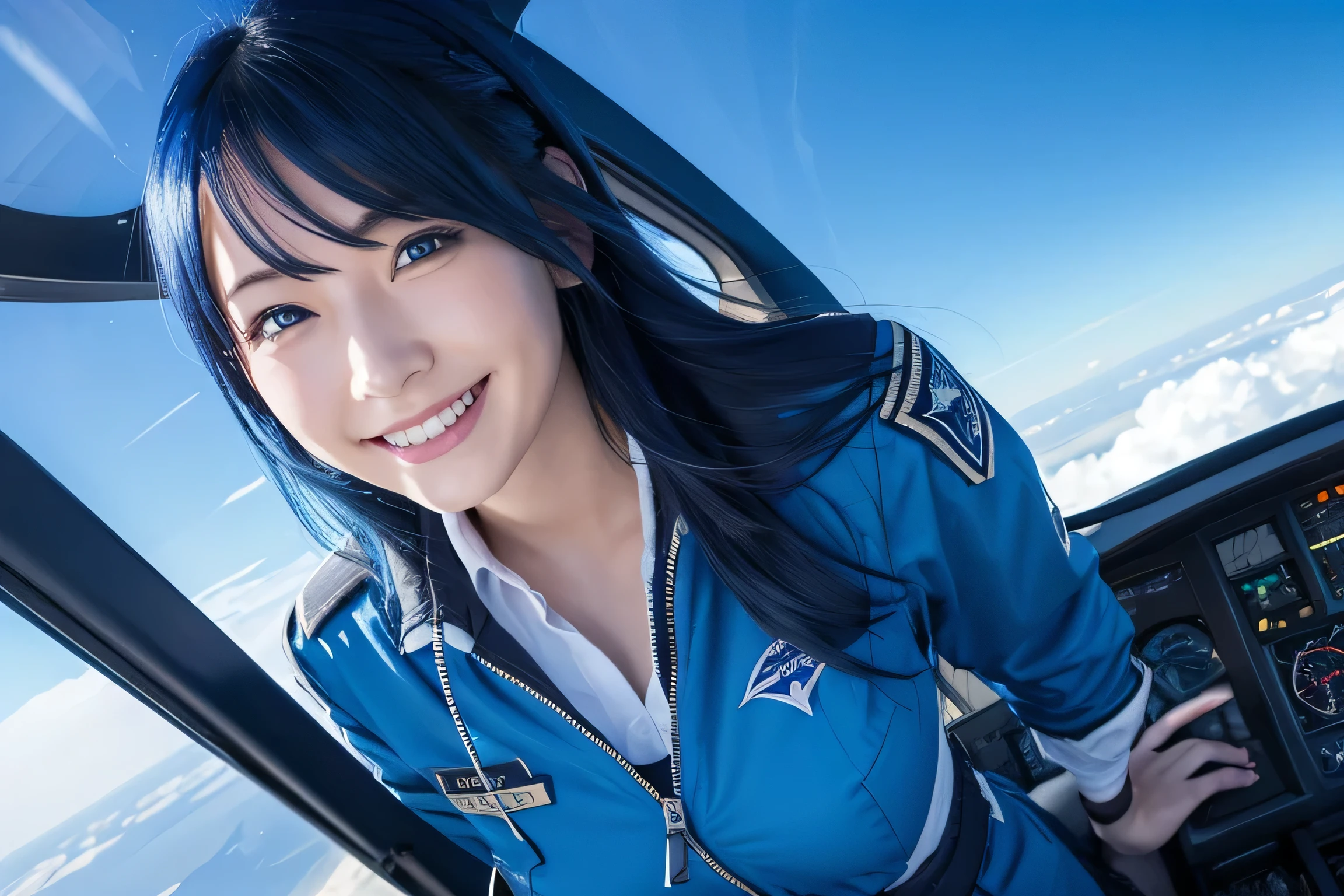 Airplane Pilot、smile、Blue Hair、Blue Eyes、Fluttering Hair、high quality、Written pupils、Airplane flying background、Strong wind、Above the waist