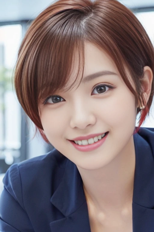 (best quality,4K,8k,High resolution,masterpiece:1.5),Very detailed,(Realistic,photoRealistic,photo-Realistic:1.37) Portraiture,(A Young Japanese Girl With Incredibly slim body:2.0),(slender arms and legs:1.5),(Images of her alone:2.0),(Cute Breasts:1.8),(Close-up of her eyes:2.0),(Impressive Features,Super cute and a big idol-like smile:2.0),(Ultra beautiful even left and right eyes with a clear expression:2.0),Beautifully shaped eyebrows,Captivating gaze, natural pink lips,Perfect white skin,Subtle shading,Realistic rendering,(She is wearing a navyblue business suit:1.5),(Super Short Red Hair:1.5),The golden sunlight gently illuminates the landscape.Elegant and graceful posture,Create a quiet and serene atmosphere,She is in the conference room.