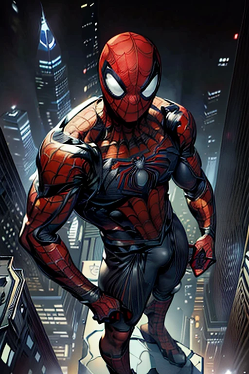 (masterpiece, high resolution, detailed:1.3), Amidst the towering skyscrapers of New York City, a young ((Spider-Man)) perches, ((shirtless)), revealing a toned physique honed from countless acrobatic swings between buildings. Even without the full suit, the ((iconic spider emblem:1.3)) is prominent ((on his chest:1.3)), standing out against his sun-kissed skin.