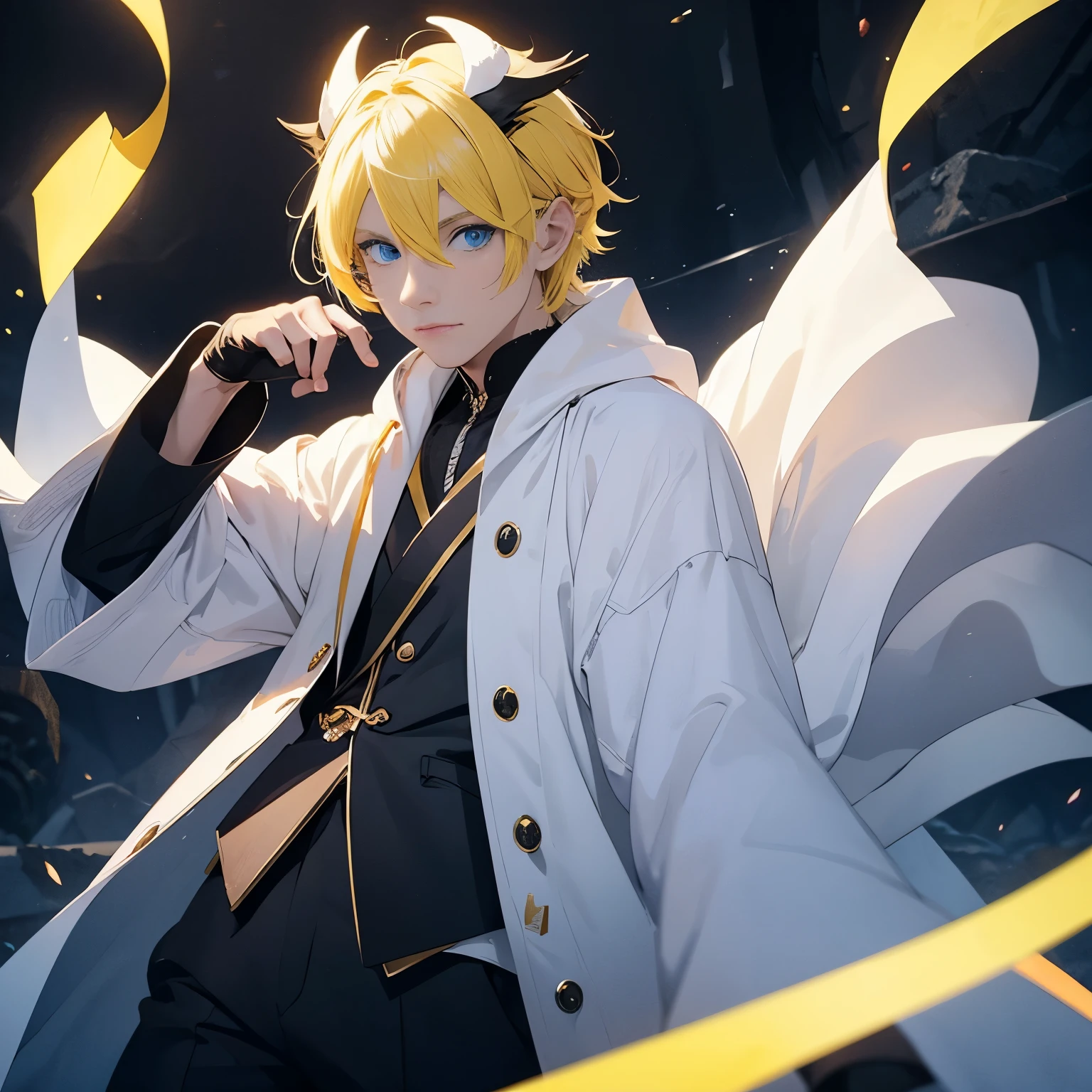 solo male, white robes, Wizard robe, Blue eyes, black pants, black gloves, Yellow hair, Owl Mask, fantasy