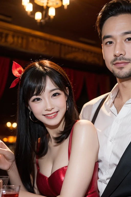 At a cabaret club、A photo of a hostess and her male client having fun