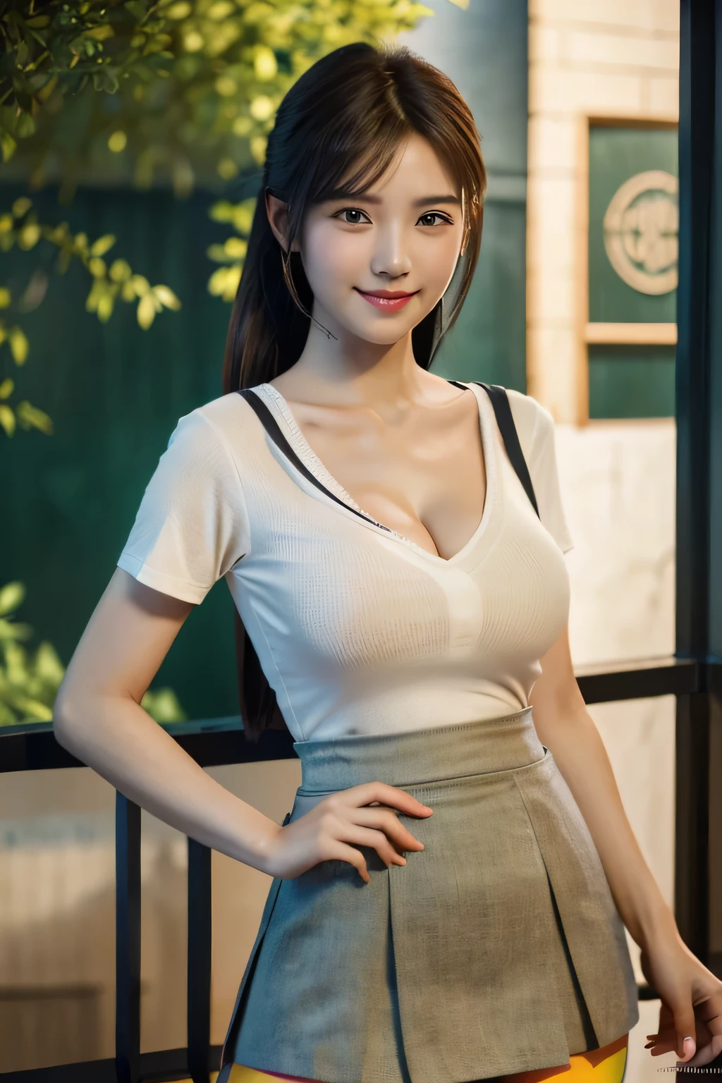 An innocent 20-year-old girl, (V-neck shirt:1.5), (Pencil skirt:1.5), (high heels), (Dramatic Pose),smile, (High Ponytail),downtown、RAW Photos, (8k, highest quality, masterpiece:1.2), (Intricate details:1.4)、(Photorealistic:1.4), Octane Rendering, Complex 3D rendering with ultra-detail, Studio Soft Light, Rim Light, Vivid details, Super Detail, Realistic skin texture, Detailed aspect, Beautiful details in the eyes, Highly detailed CG Unity 16k wallpaper, compensate, (Detailed Background:1.2), Glowing Skin, whole body, (thin legs:1.2), (small waist), (Cleavage), (looking at viewer:1.2)