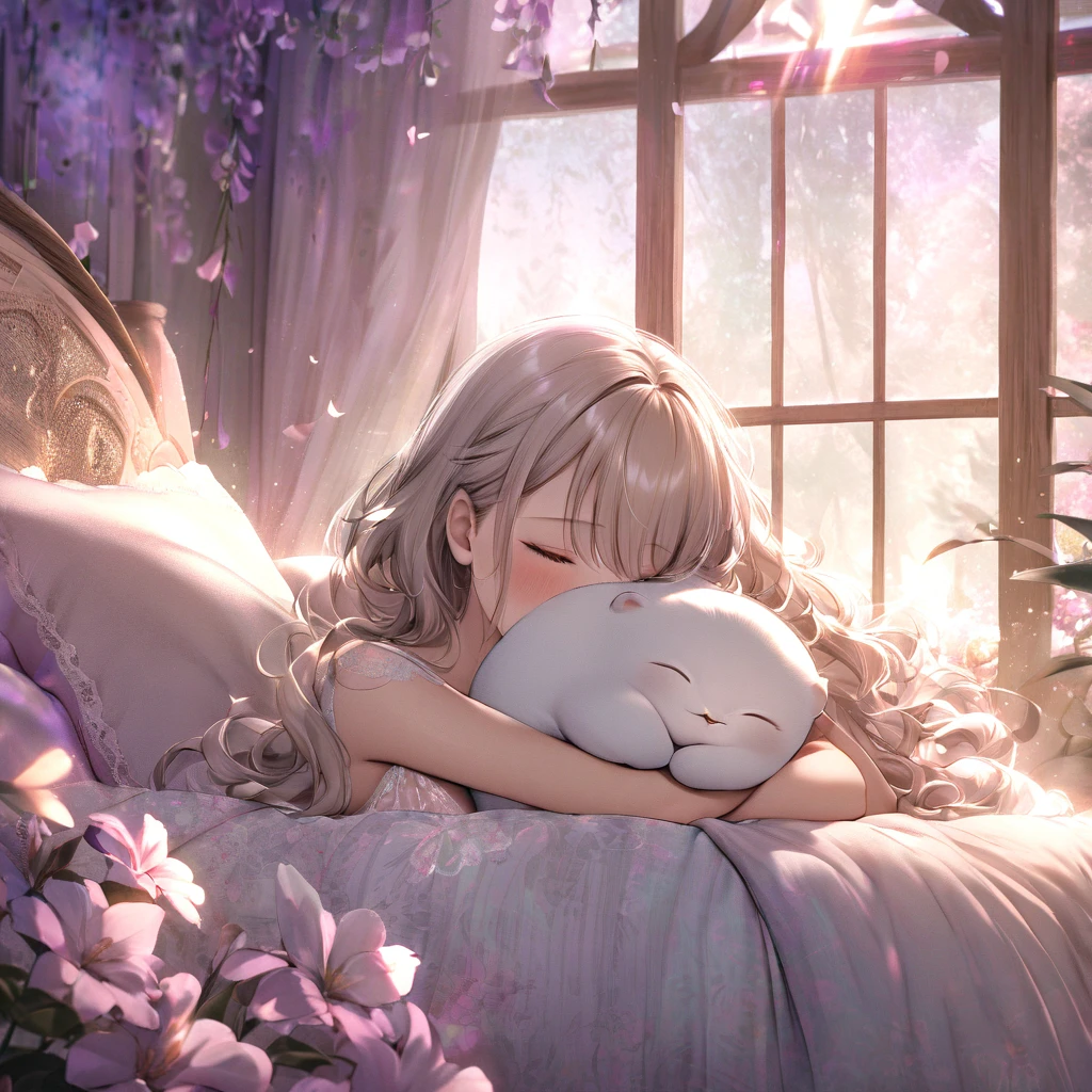 (best quality,highres),woman (fast asleep,peacefully),sheer night gown,beautiful peaceful face,long wavy hair,serene atmosphere,soft light,vibrant flower-filled bedroom,comfortable bed,plush pillows and blankets,fragrant flowers,delicate petals,soft color palette,gentle breeze,tranquil music playing in the background,open windows letting in moonlight,dreamy ambiance,calm and relaxing environment,blissful dreams,endearing otter,playful creature,cute and cuddly features,curled up between her breasts,snuggling in warmth and comfort,sleeping peacefully,gentle touch,warmth of her body,deep bond between woman and otter,harmony between nature and human,peaceful coexistence,tranquil and surreal scene,heartwarming connection.