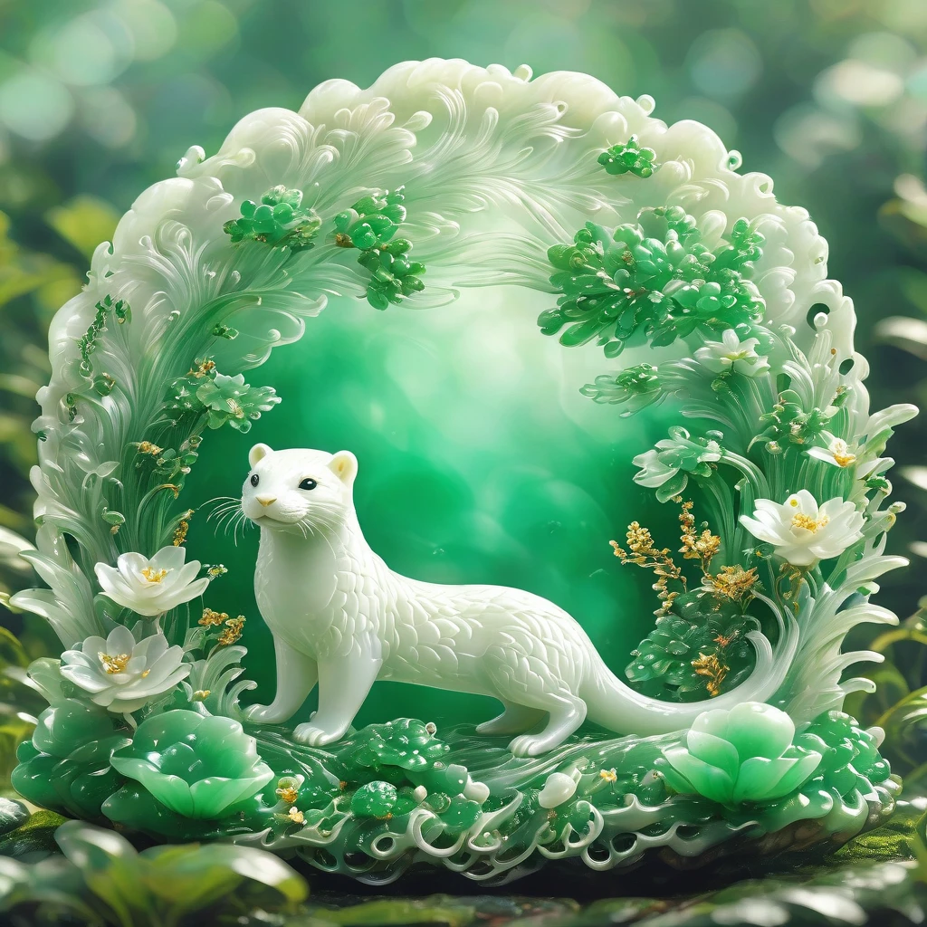 best quality, very good, 16K, ridiculous, Extremely detailed, Gorgeous transparent white jade emerald otter background grassland（（A masterpiece full of fantasy elements）））， （（best quality））， （（Intricate details））（8k）