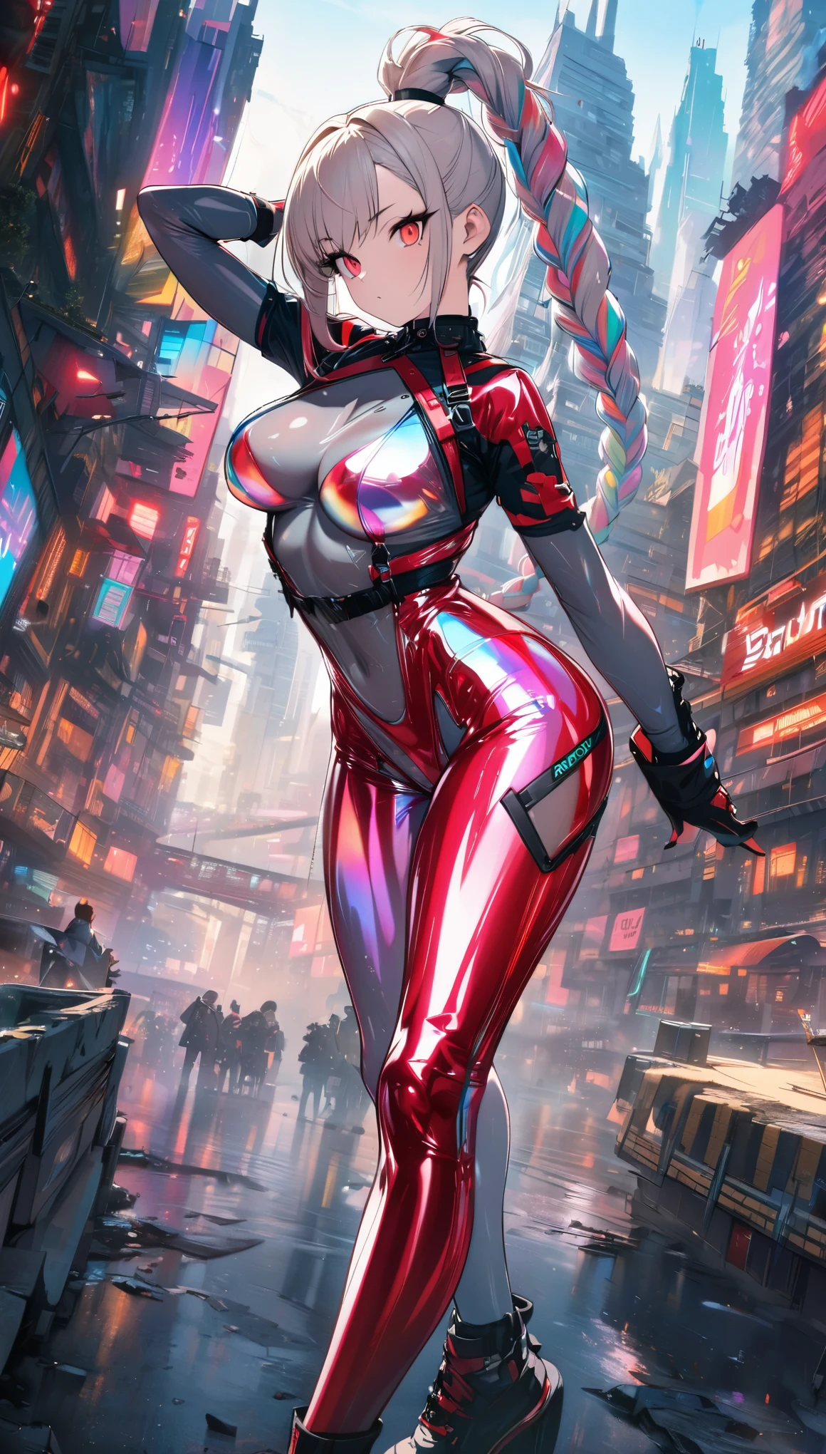 best quality, super fine, 16k, incredibly absurdres, extremely detailed, delicate and dynamic, beautiful female warrior, rainbow braided ponytail, cool and attractive look, metallic red eyes, amazing proportions, translucent iridescent reinforced bodysuit, future punk, background ruined city