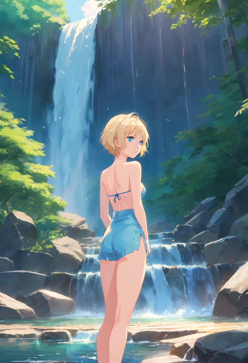 17 years old Women, ((Blonde)), ((Blue eyes)), ((Short hair)), ((Full shot)), very detailed makeup, pale pink lipstick, long earrings, bare shoulders, She is wearing strapless bikini with high heels standing in front of a waterfall, the floor is wet