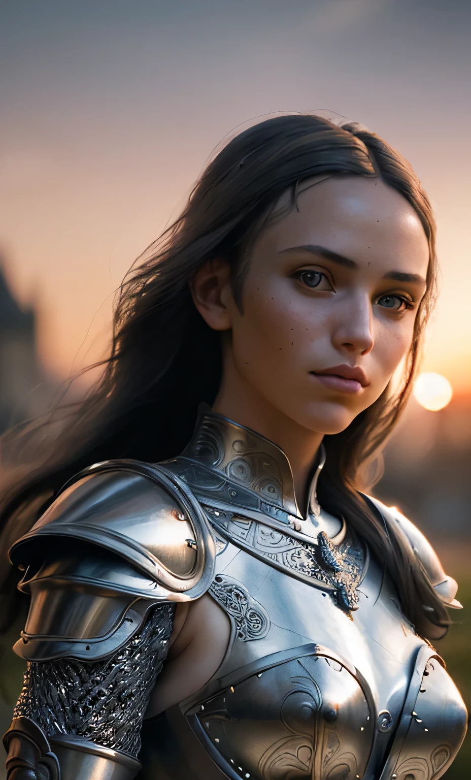 (masterpiece), (extremely intricate:1.3), (realistic), portrait of a girl, the most beautiful in the world, (medieval armor), metal reflections, upper body, outdoors, intense sunlight, far away castle, professional photograph of a stunning woman detailed, sharp focus, dramatic, award winning, cinematic lighting, octane render  unreal engine,  volumetrics dtx, (film grain, blurry background, blurry foreground, bokeh, depth of field, sunset, motion blur:1.3), chainmail