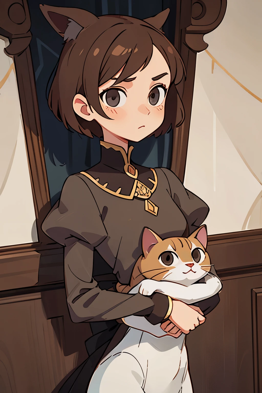 Brown hair,aristocratic face,a slim body, Grey eyes, Cat-girl(1), short hair , a stern look