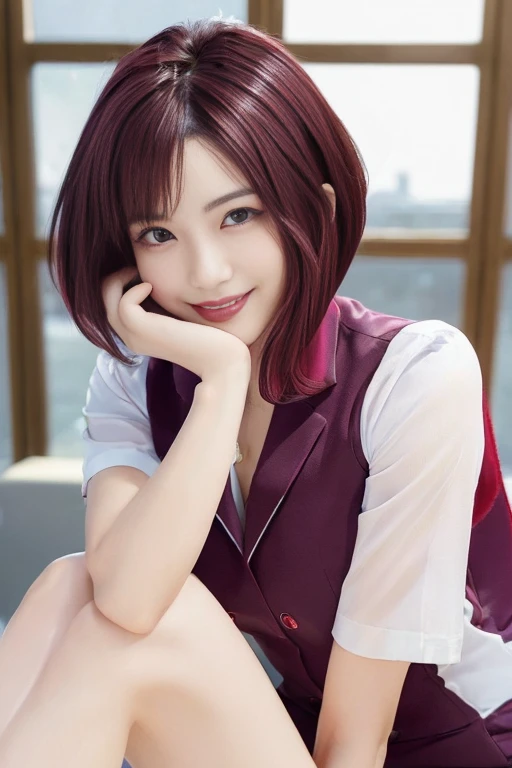 (best quality,4K,8k,High resolution,masterpiece:1.5),Very detailed,(Realistic,photoRealistic,photo-Realistic:1.37) Portraiture,(A Young Japanese Girl With Incredibly slim body:2.0),(slender arms and legs:1.5),(Images of her alone:2.0),(Cute Breasts:1.8),(Close-up of her eyes:2.0),(Impressive Features,Super cute and a big idol-like smile:2.0),(Ultra beautiful even left and right eyes with a clear expression:2.0),Beautifully shaped eyebrows,Captivating gaze, natural pink lips,Perfect white skin,Subtle shading,Realistic rendering,(She is wearing a navyblue business suit:1.5),(Super Short Darkred Hair:2.0),The golden sunlight gently illuminates the landscape.Elegant and graceful posture,Create a quiet and serene atmosphere,She is in the conference room.