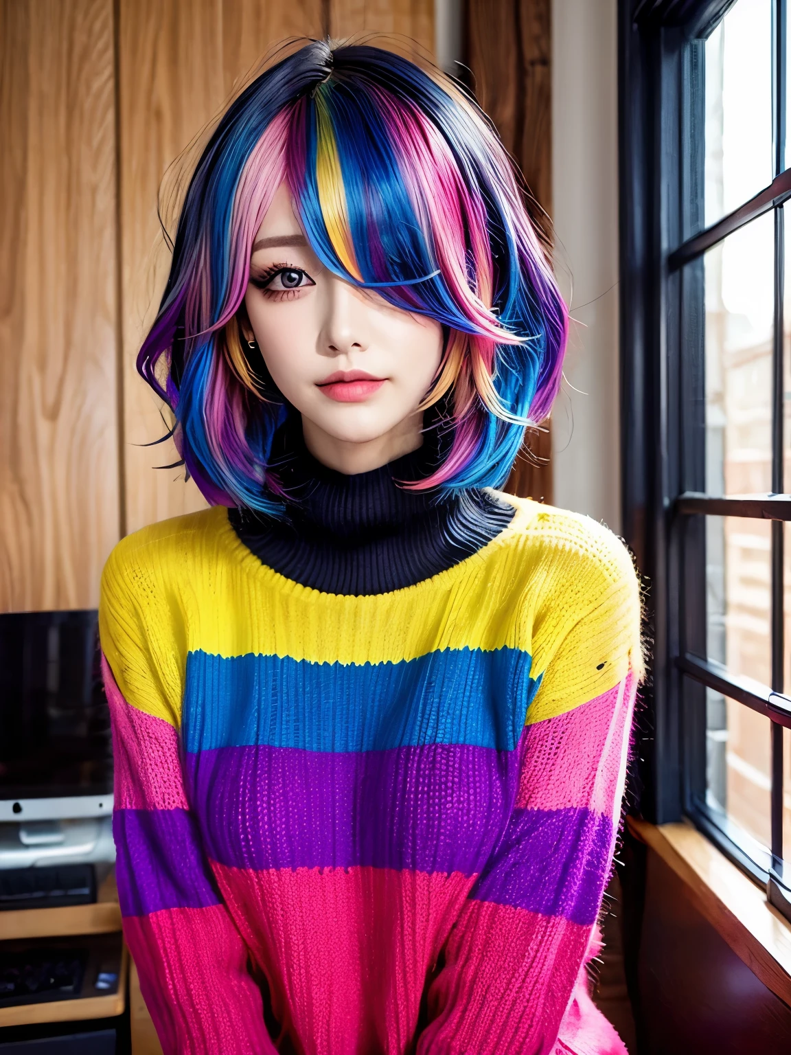 woman, rainbow hair, hair over one eye, smirk, indoors, sweater