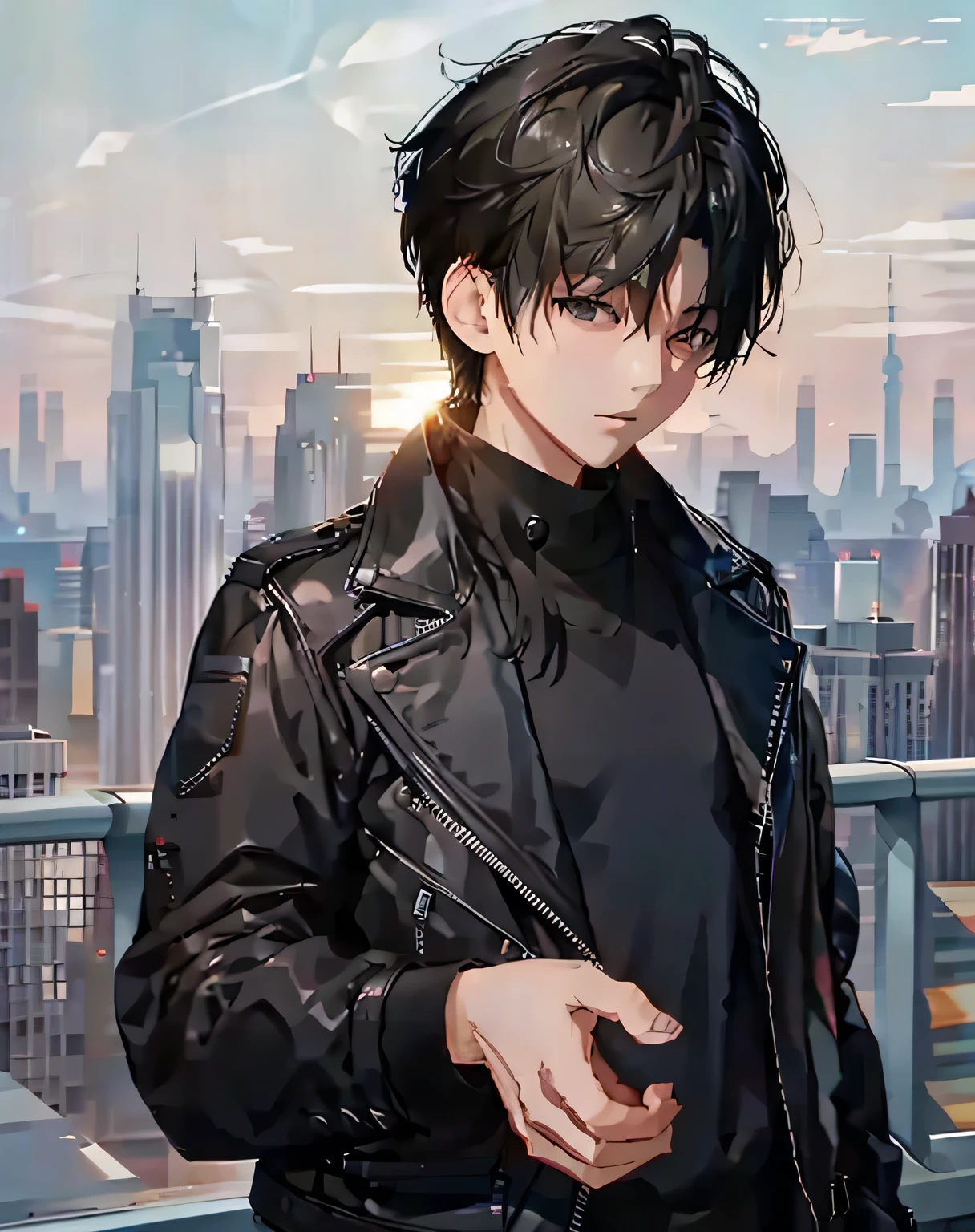 Highest quality、Black-haired man、Watching the sunrise from the rooftop、Wearing a black leather jacket