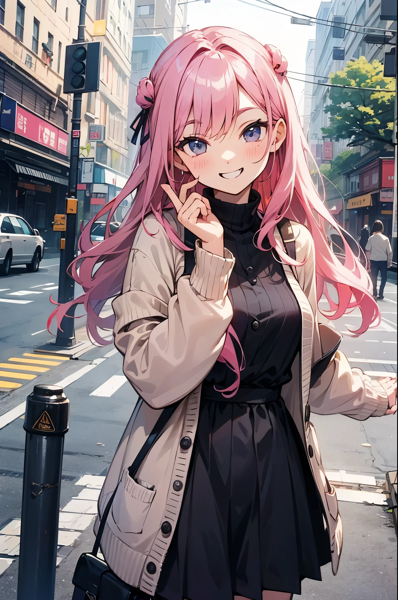 (Pretty sister:1.3)、happy face,spring atmosphere、cardigan、noon、aggressive、hot、hamburger、pink hair