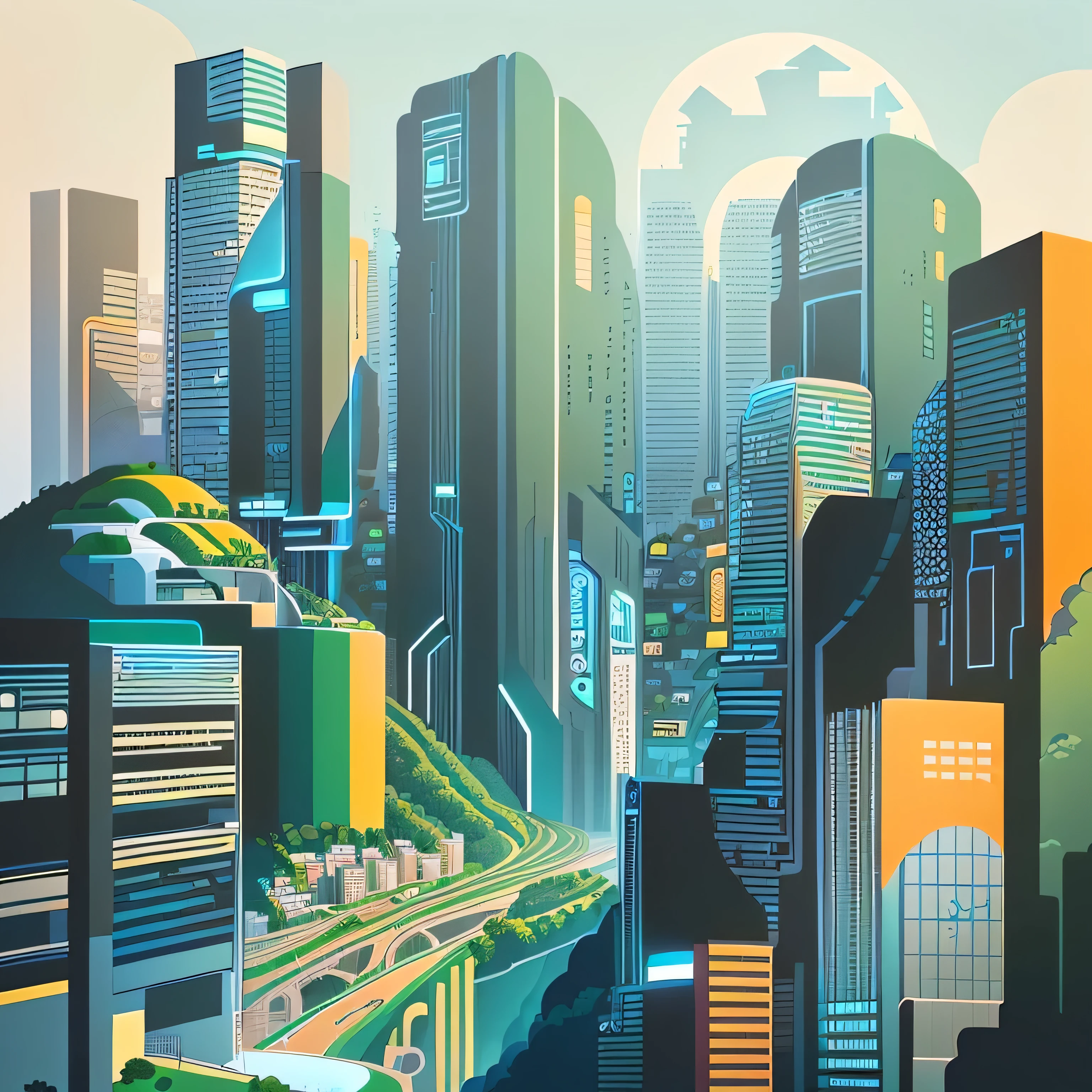 Illustration of a city with green hills and a river, Digital Illustrations -, Future Cityscape, City of the Future, one example, one example of, Business Illustration, Stylized digital illustration, detailed 2d illustration, Created in Adobe Illustrator, Detailed digital illustration, Simple illustration, hills, Poster illustration, Techno City in the background