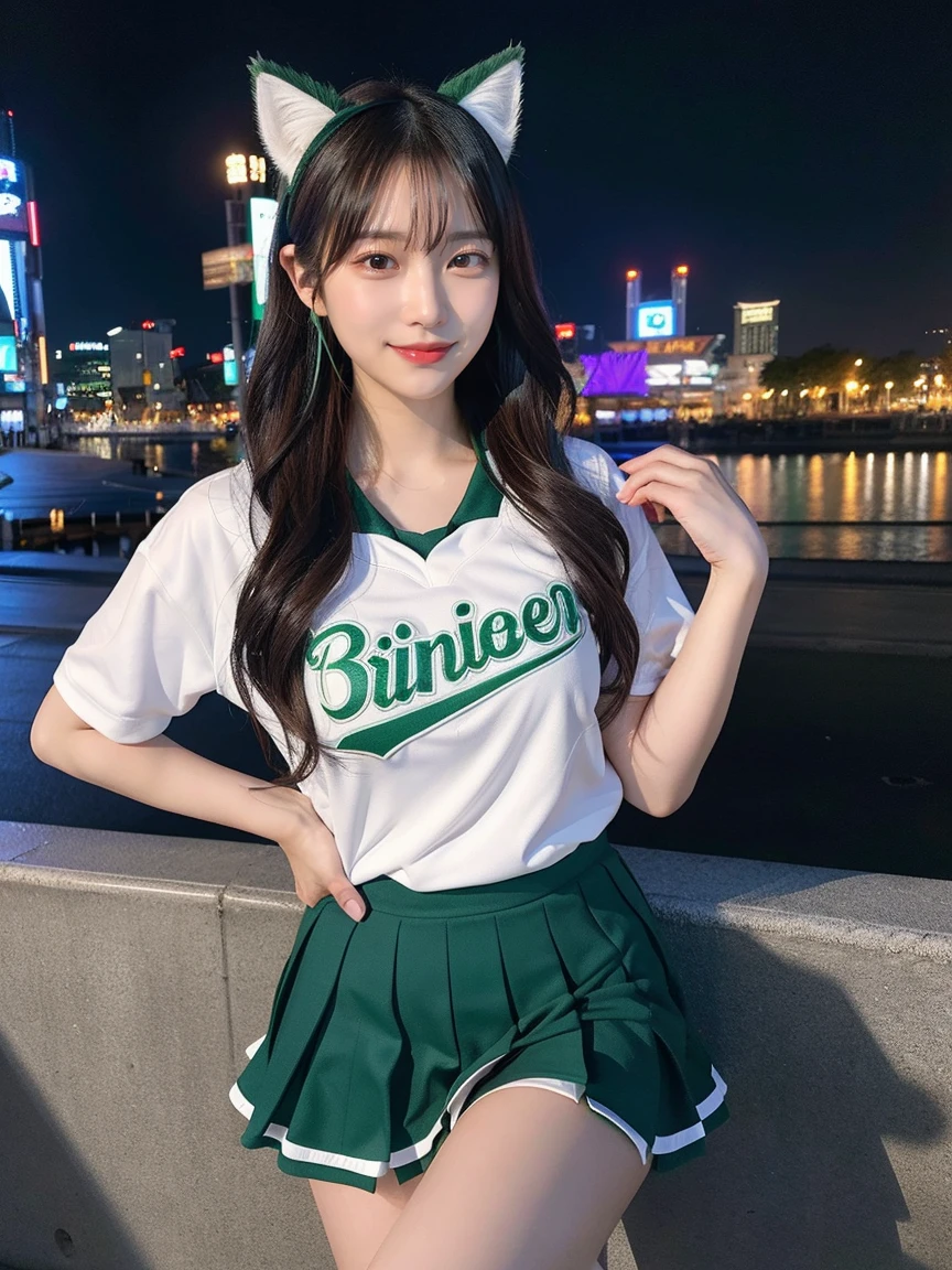 Full body photo、whole、最high quality, masterpiece, 32k、Very detailed、Realistic、1 girl, Japanese women、Cute face, (photo Actual:1.3), Edge lighting, (Skin with attention to detail:1.2), 8k超High resolution, Single-lens reflex camera, high quality, High resolution, 4K, 8k, Optimal ratio of four fingers to one thumb, (Actual:1.3), smile、ヘニョヘニョしたsmile、自然なsmile、Baseball Cheerleader Costumes(white、Emerald green line design、Japanese professional baseball cheerleaders)、Cat ear headphones(エメラルドグリーン色のネオンCat ear headphones)、cute 1 girl, Realistic、Super Realistic、32k、Very detailed、masterpiece, 最high quality, beautiful girl, beauty、 Mecha, Beautiful lighting, Sitting,Cyber Neon、Future City、Skyscraper、City Night、Shanghai、Big cities、Night view、綺麗なNight view