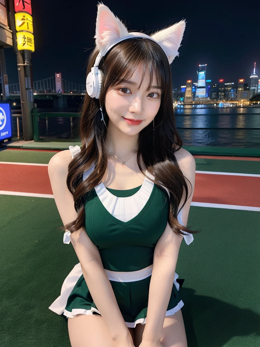 Full body photo、whole、最high quality, masterpiece, 32k、Very detailed、Realistic、1 girl, Japanese women、Cute face, (photo Actual:1.3), Edge lighting, (Skin with attention to detail:1.2), 8k超High resolution, Single-lens reflex camera, high quality, High resolution, 4K, 8k, Optimal ratio of four fingers to one thumb, (Actual:1.3), smile、ヘニョヘニョしたsmile、自然なsmile、Baseball Cheerleader Costumes(white、Emerald green line design、Japanese professional baseball cheerleaders)、Cat ear headphones(エメラルドグリーン色のネオンCat ear headphones)、cute 1 girl, Realistic、Super Realistic、32k、Very detailed、masterpiece, 最high quality, beautiful girl, beauty、 Mecha, Beautiful lighting, Sitting,Cyber Neon、Future City、Skyscraper、City Night、Shanghai、Big cities、Night view、綺麗なNight view