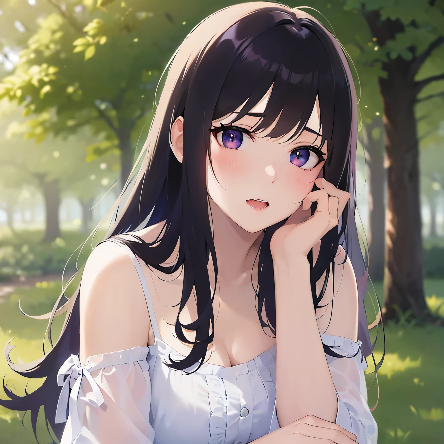 Placing hand on face, Biologically correct five fingers、looking up, upper body, Realistic, real person, (pale skin: 1.2), (RAW photo:1.5), photorealistic, shiny skin, shiny hair、(A 25-year-old woman with straight hair and bangs) and (medium hair) and (black hair) and (purple eyes), White off-shoulder blouse, (embarrassed, blush:1.2), open mouth, The background is a park、alone、Are standing