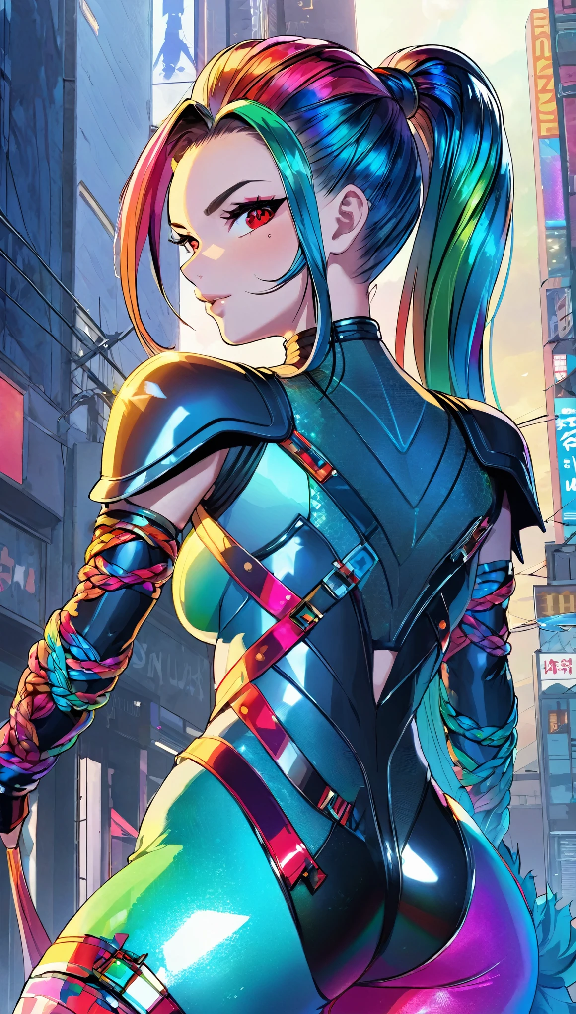 best quality, super fine, 16k, incredibly absurdres, extremely detailed, delicate and dynamic, beautiful female warrior, rainbow braided ponytail, cool and attractive look, metallic red eyes, amazing proportions, translucent iridescent reinforced bodysuit, future punk, background ruined city