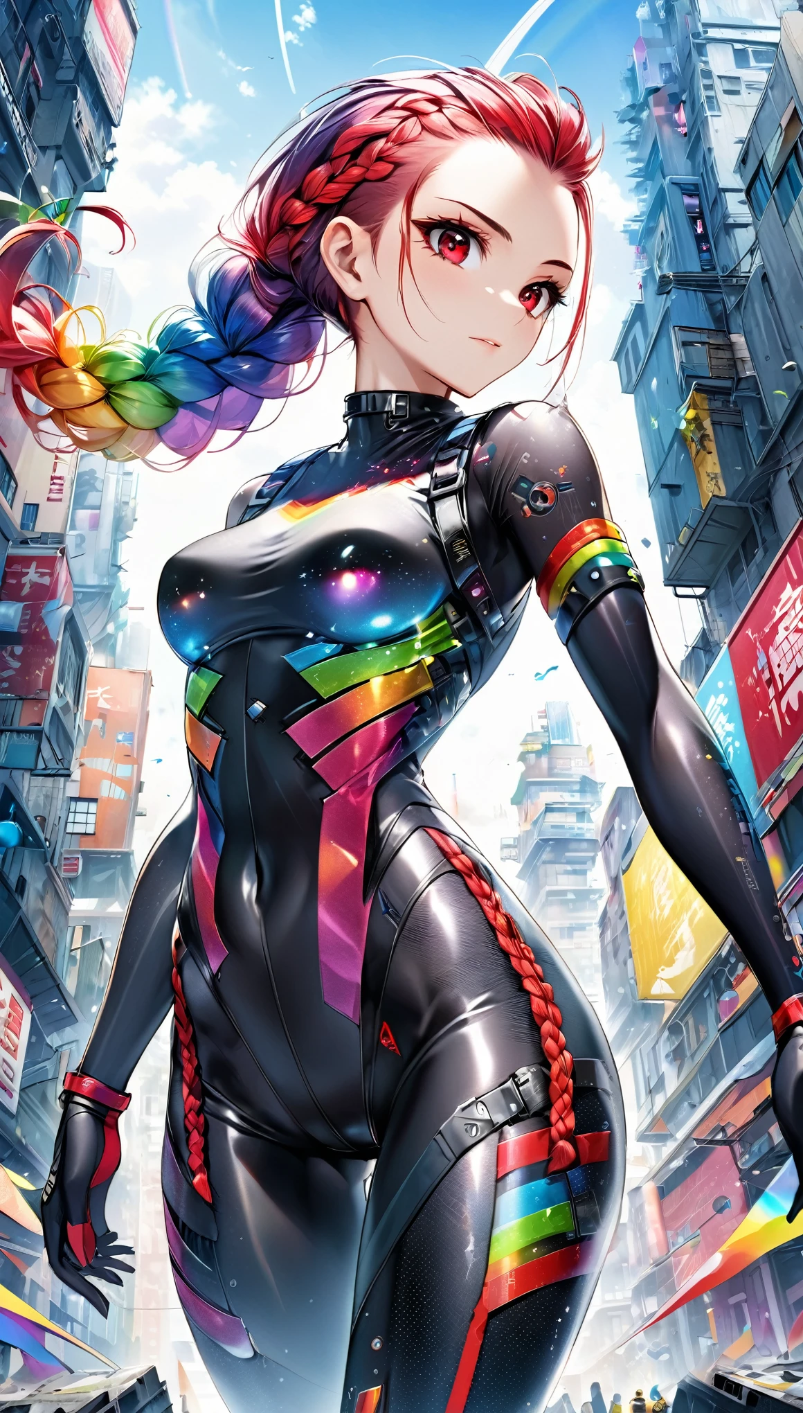 Highest quality, Super Fine, 16K, Incredibly absurd, Very detailed, delicate and dynamic, Beautiful Female Warrior, Rainbow braided ponytail, amount, Cool and attractive appearance, Metallic red eyes, amazing proportions, Semi-transparent rainbow reinforced bodysuit, Future Punk, Background: Ruined city, ai-generated