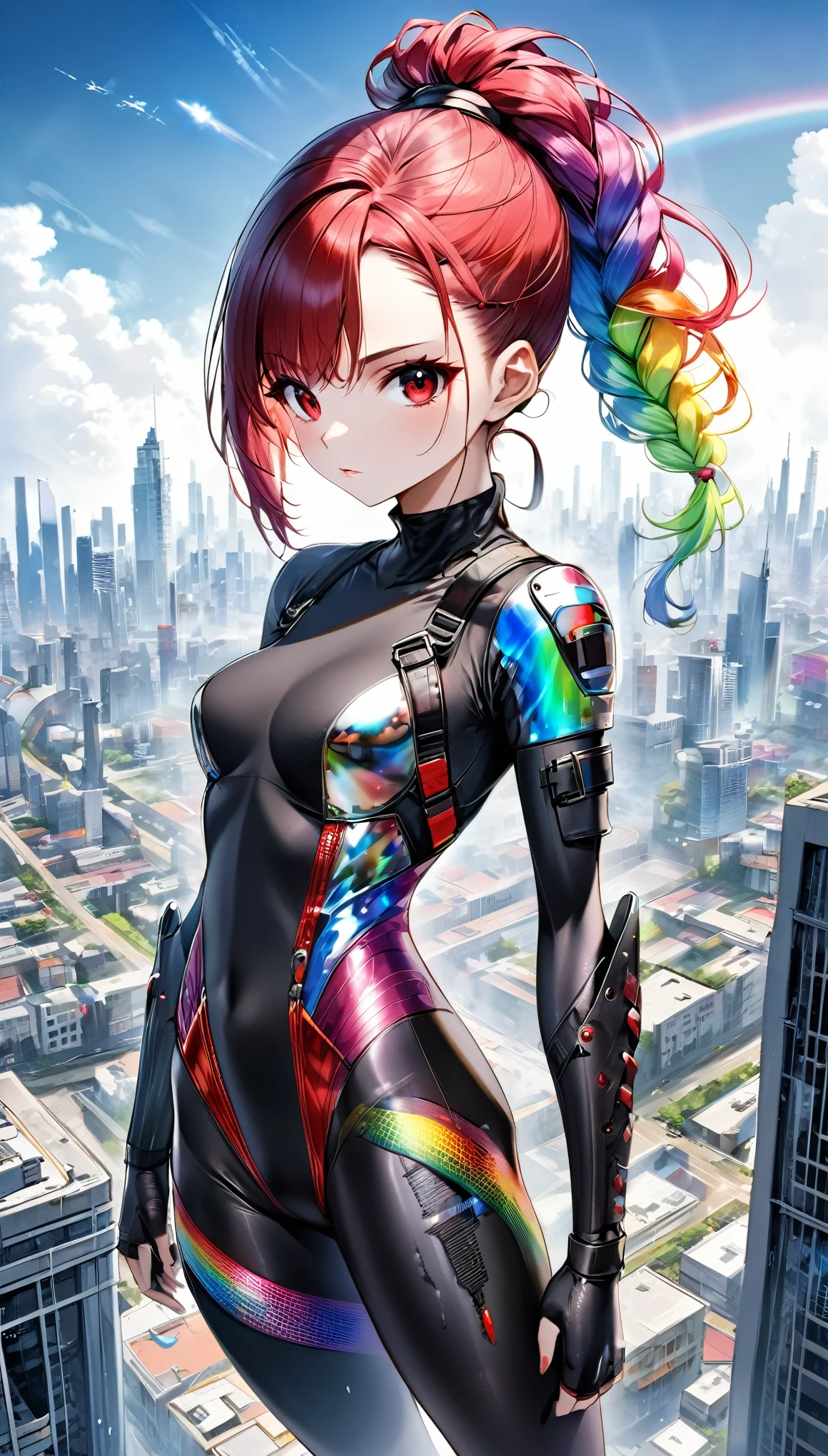 best quality, super fine, 16k, incredibly absurdres, extremely detailed, delicate and dynamic, beautiful female warrior, rainbow braided ponytail, cool and attractive look, metallic red eyes, amazing proportions, translucent iridescent reinforced bodysuit, future punk, background ruined city