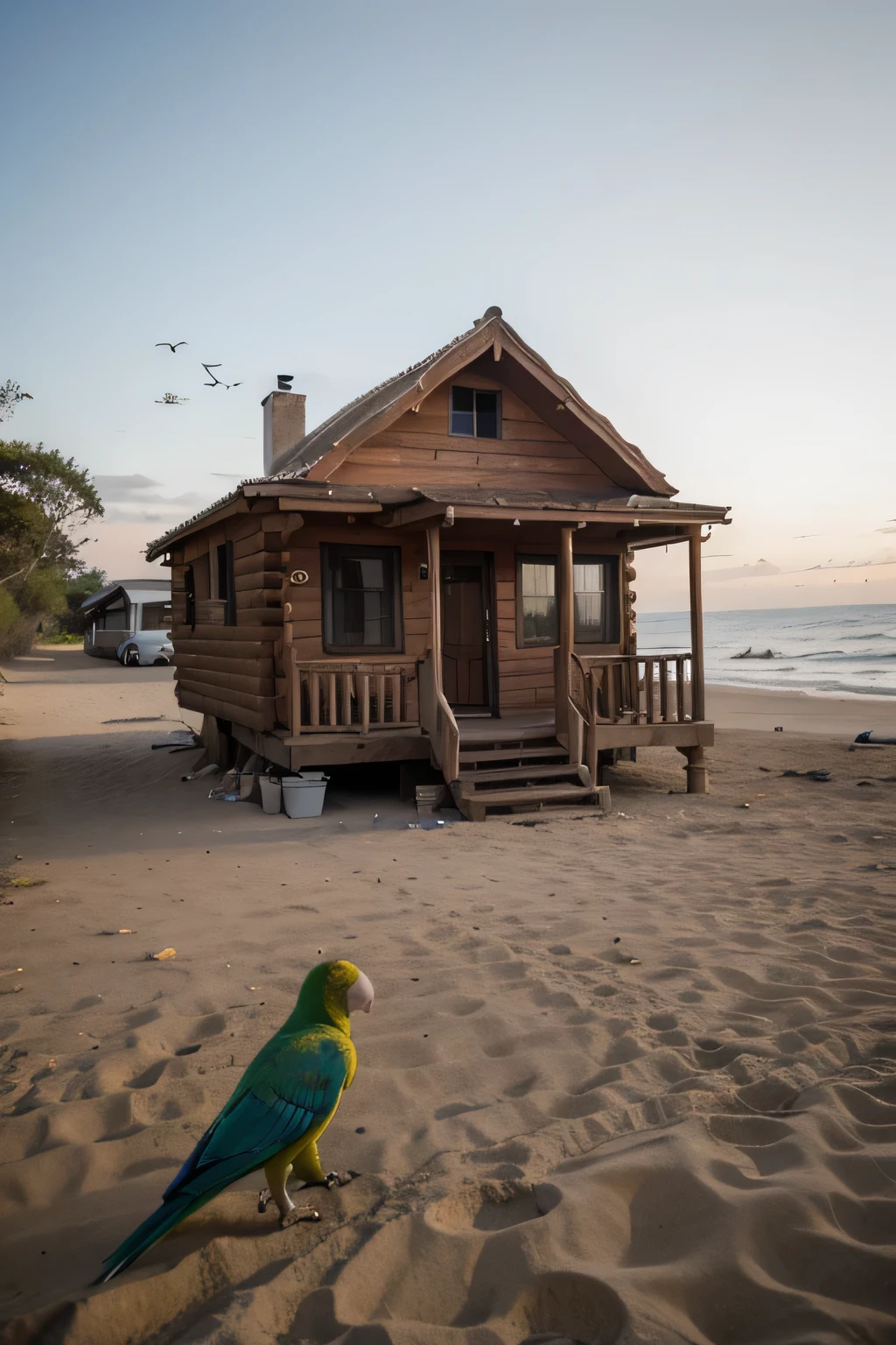 Paisaje de playa atardecer una.cabin that Fanny follows and there are parrots flying