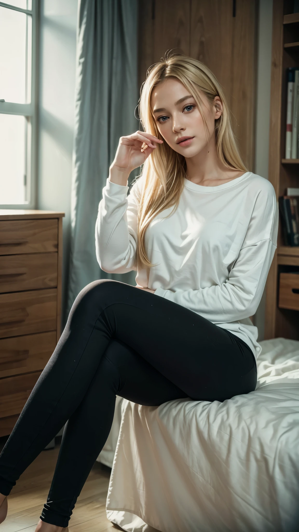 1 girl, 25 years old, Blonde,Delicate face, Exquisite eyes, Exquisite facial features, sweet smile,((Blushing:1.44, orgasm)), ((long T shirt)),tight yoga long trousers,Small chest,((Full body shot:1.2)), in the room,Sexy pose, Random pose,Random color of clothes, ((Super Detail, best quality:1.4, masterpiece:1.2, super detail)), high detail, ray tracing, award winning, best quality, award winning, masterpiece, super detail, HD, 8k, UHD