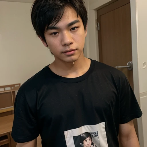 A young 15 year old boy, filipino but look asian and chinito, no moles and has smooth skin. Has ivory skin, messy korean hair with bangs perm, thick eyebrows and brown eyes. Sharp jawline, slim nose and full lips. A selfie gangsta pose in front of a lower class filipino house and almost blurry, wearing a black shirt