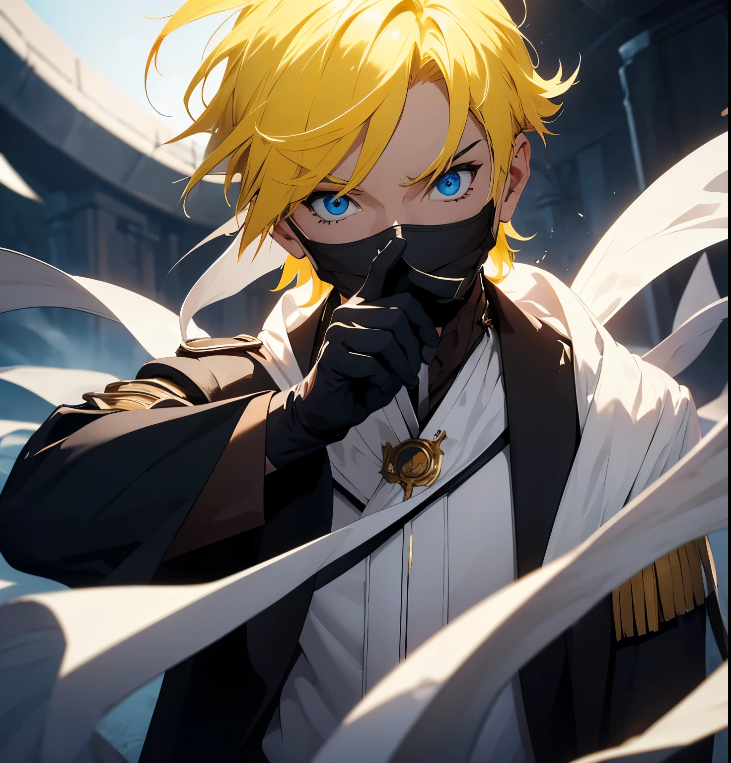 solo male, white robes, Blue eyes, black pants, black gloves, (Face full mask), Yellow hair, mask face, fantasy