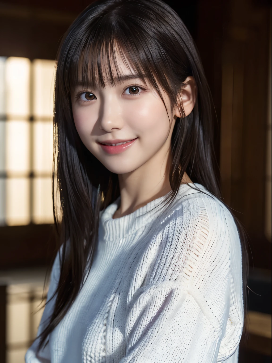 1 Japanese girl,(White sweater:1.4), (RAW Photos, highest quality), (Realistic, Realistic:1.4), Tabletop, Very delicate and beautiful, Very detailed, 8k wallpaper, wonderful, In detail, Very detailedなCG Unity, High resolution, Soft Light, Beautiful details 19 years old, Very detailedな目と顔, Beautiful and detailed nose, Beautiful details,Cinema Lighting,Perfect Anatomy,Slender body,smile  (Asymmetrical bangs,)