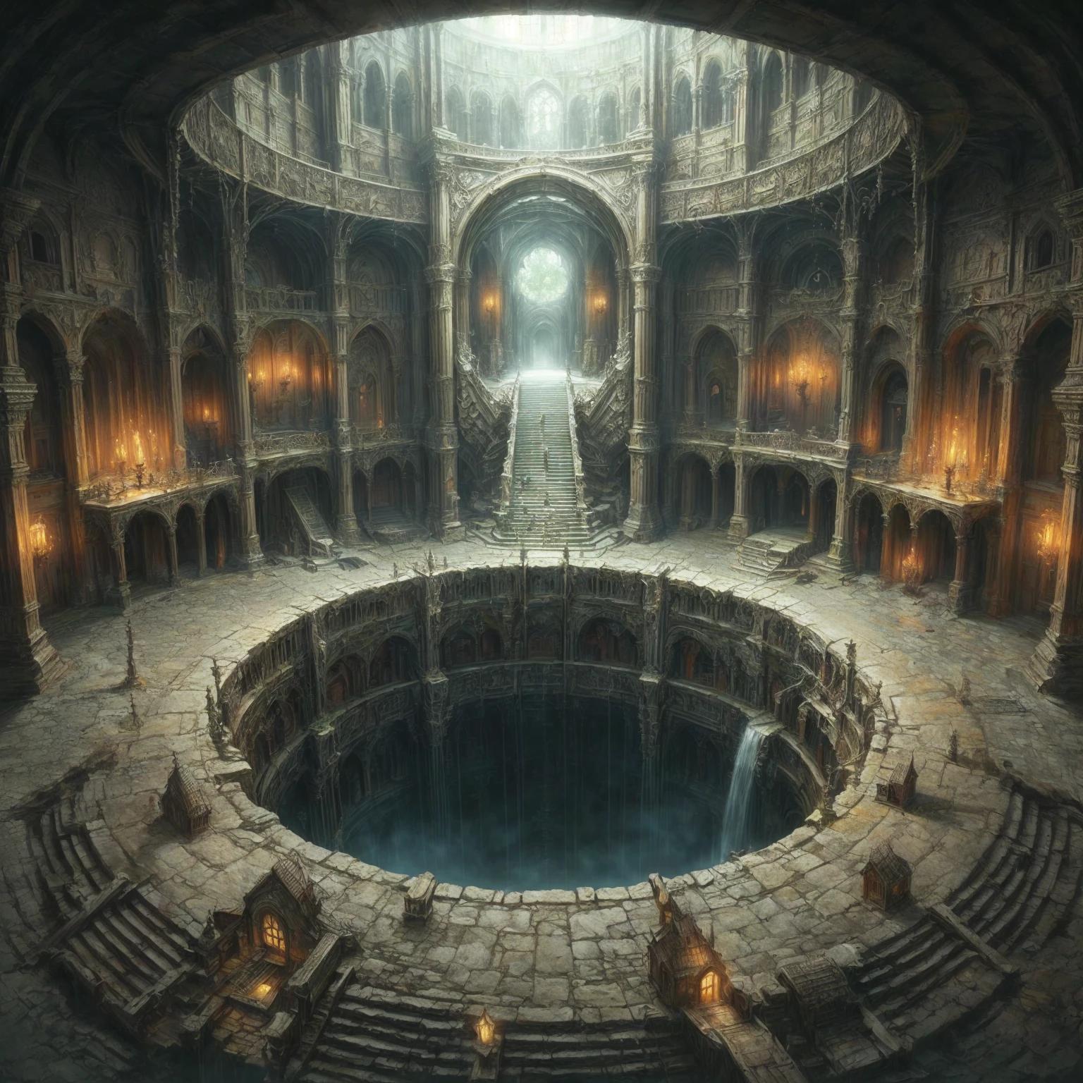 painting of a large bottomless pit inside a medieval prison, Symmetrische epische Fantasy-Kunst, epische Fantasy-Konzeptkunst, eine Grube im Inneren des riesigen Palastes, elegante filmische Fantasy-Kunst, hyperrealistisches d & D Fantasy-Kunst, beautiful 3D concept art, fantasie architektur, unwirkliche Engine Fantasy-Kunst, hyperrealistische Fantasy-Kunst, Atmosphärisches Fantasy-Setting, epische filmische Konzeptkunst, Weitwinkel-Fantasie-Kunst