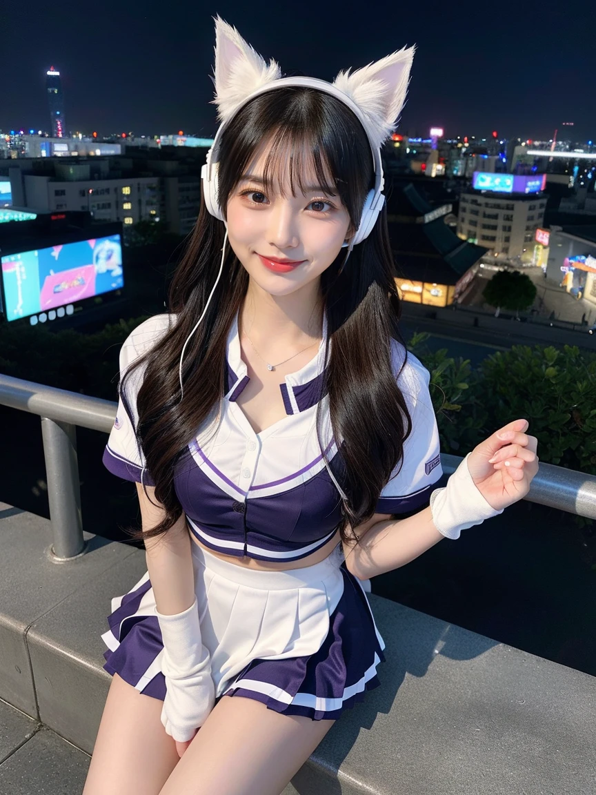 Full body photo、whole、最high quality, masterpiece, 32k、Very detailed、Realistic、1 girl, Japanese women、Cute face, (photo Actual:1.3), Edge lighting, (Skin with attention to detail:1.2), 8k超High resolution, Single-lens reflex camera, high quality, High resolution, 4K, 8k, Optimal ratio of four fingers to one thumb, (Actual:1.3), smile、ヘニョヘニョしたsmile、自然なsmile、Baseball Cheerleader Costumes(white、Purple color line design、Japanese professional baseball cheerleaders)、Cat ear headphones(エメラルド紫色のネオンCat ear headphones)、cute 1 girl, Realistic、Super Realistic、32k、Very detailed、masterpiece, 最high quality, beautiful girl, beauty、 Mecha, Beautiful lighting, Sitting,Cyber Neon、Future City、Skyscraper、City Night、Shanghai、Big cities、Night view、綺麗なNight view