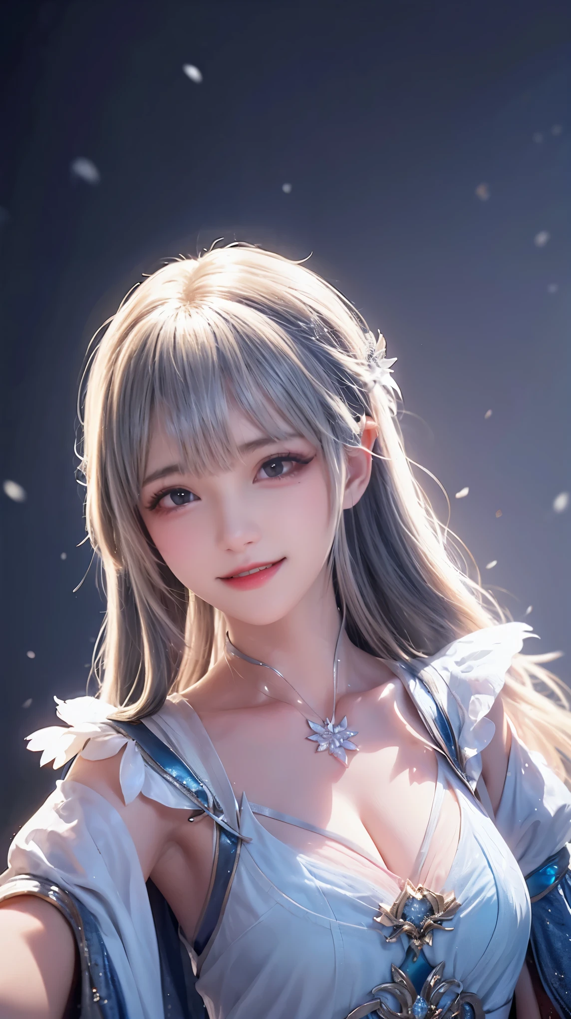 A girl,Exquisite facial features,Big watery eyes,Angelic smile,Blush,Good looking,Silver long hair,Princess Head,Snow Queen,energetic,Gorgeous clothing,Background,Sense of Brokenness,Super Resolution,HD,8k,Film texture。