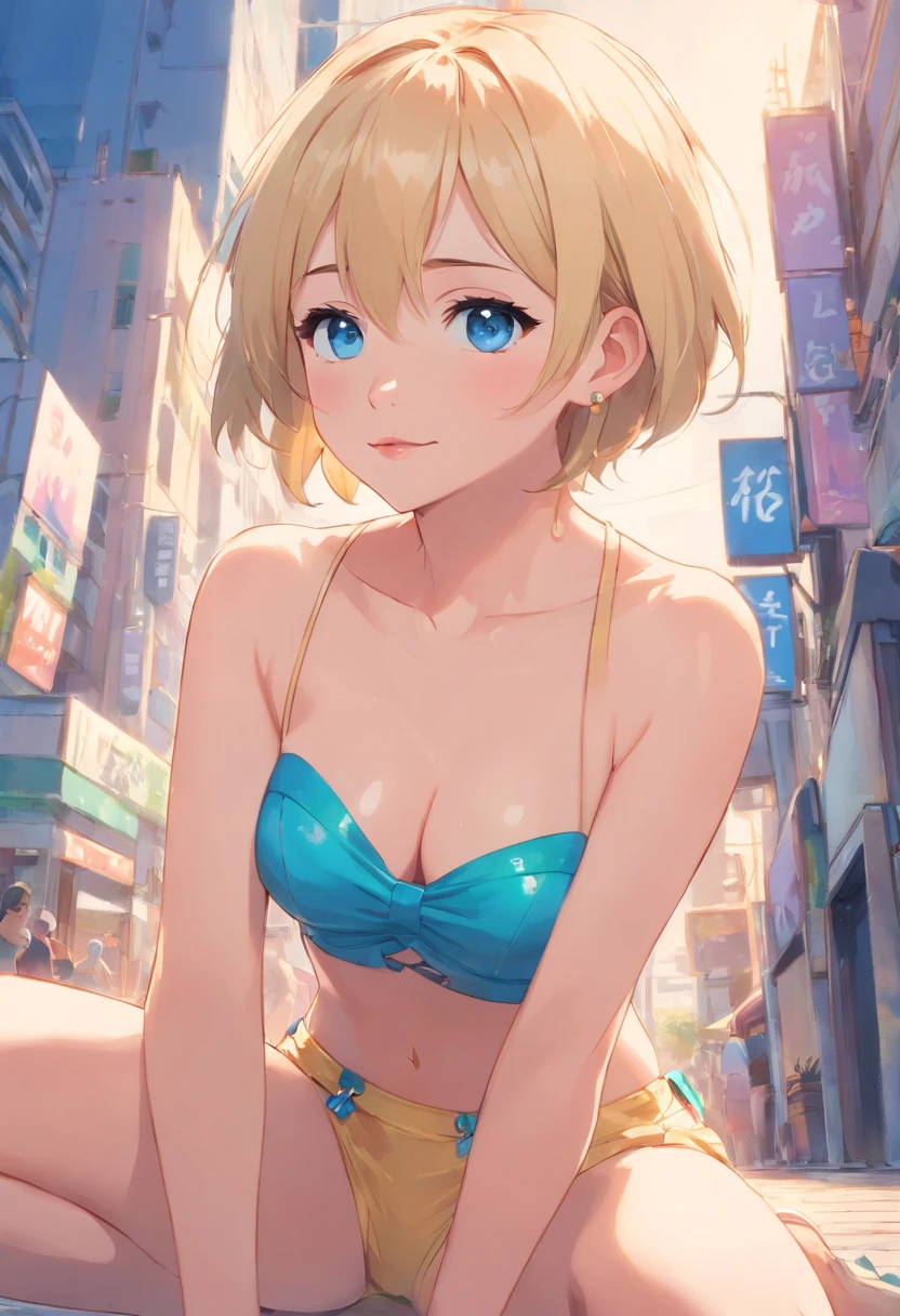 Women, ((Blonde)), ((Blue eyes)), ((Short hair)), ((Full shot)), very detailed makeup, pale pink lipstick, long earrings, bare shoulders, crouching very close looking at camera smiling wearing strapless bra, se ve el piso de marmol