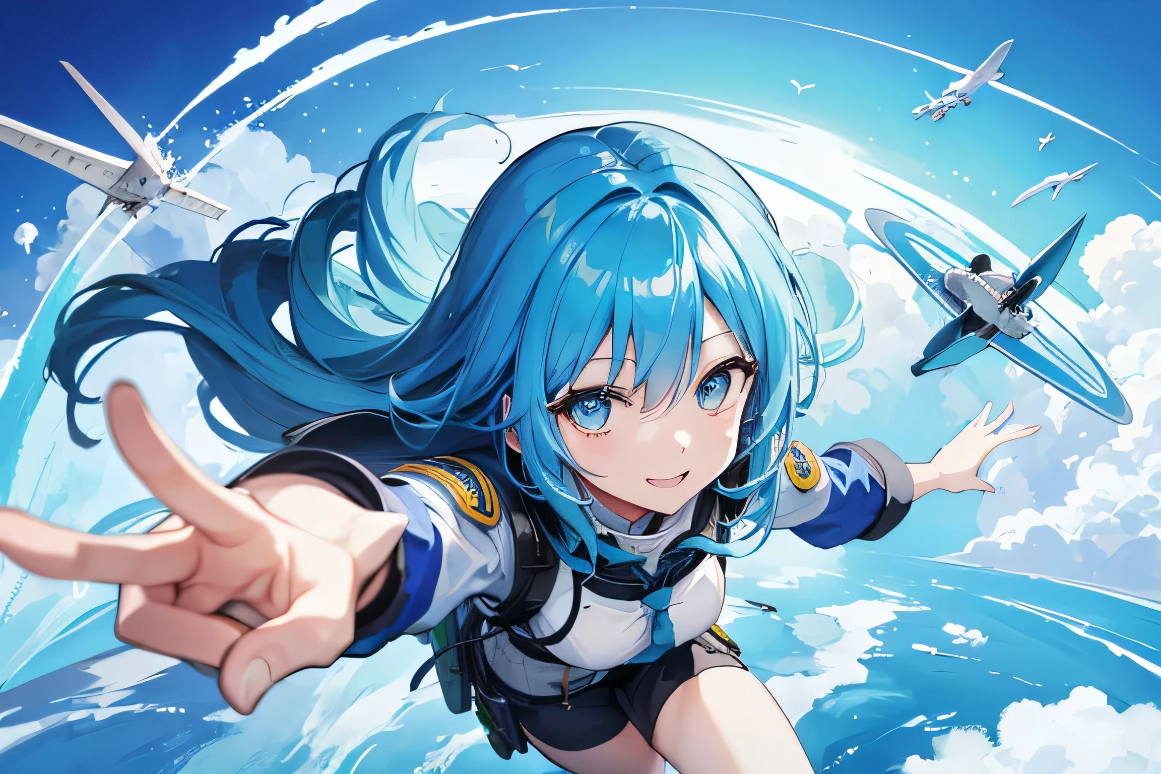 Airplane Pilot、smile、Blue Hair、Blue Eyes、Fluttering Hair、high quality、Written pupils、Strong wind、Above the waist、No background、People only、Green Screen