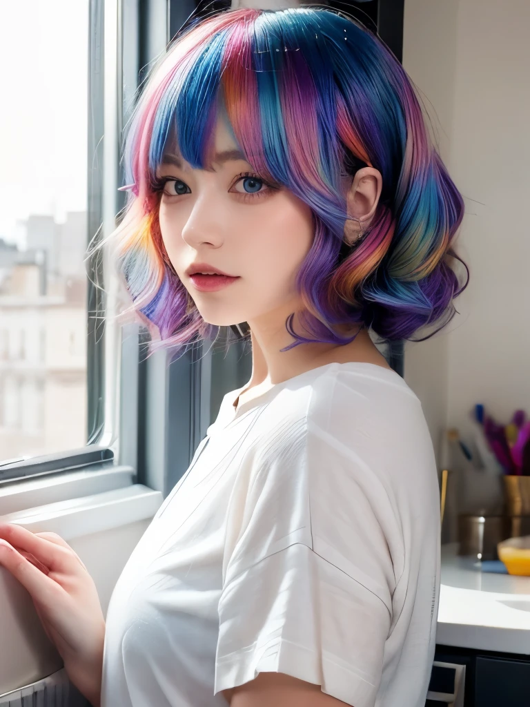 woman, rainbow hair, floofy bob, indoors