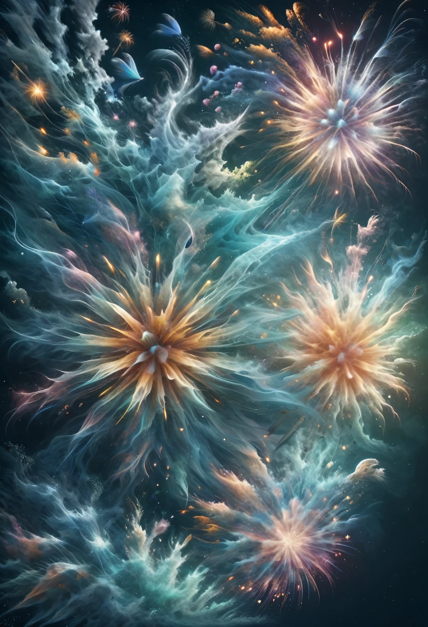Blend fantasy and reality as 3D fireworks merge with ethereal fractal creatures, symbolizing the sea, transforming the seascape into a psychedelic realm of swirling colors and surreal shapes, where reality becomes a kaleidoscope of infinite possibilities.