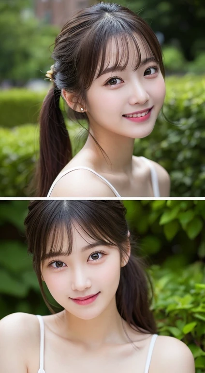 highest quality、masterpiece、Ultra-high resolution、(Realistic:1.4)、RAW Photos、1 girl、White bra、Off the shoulder、garden、Glowing Skin、A light smile、sA light smile、Looking down at the girl from a slightly higher place、Near the face、Hairstyle: Ponytail