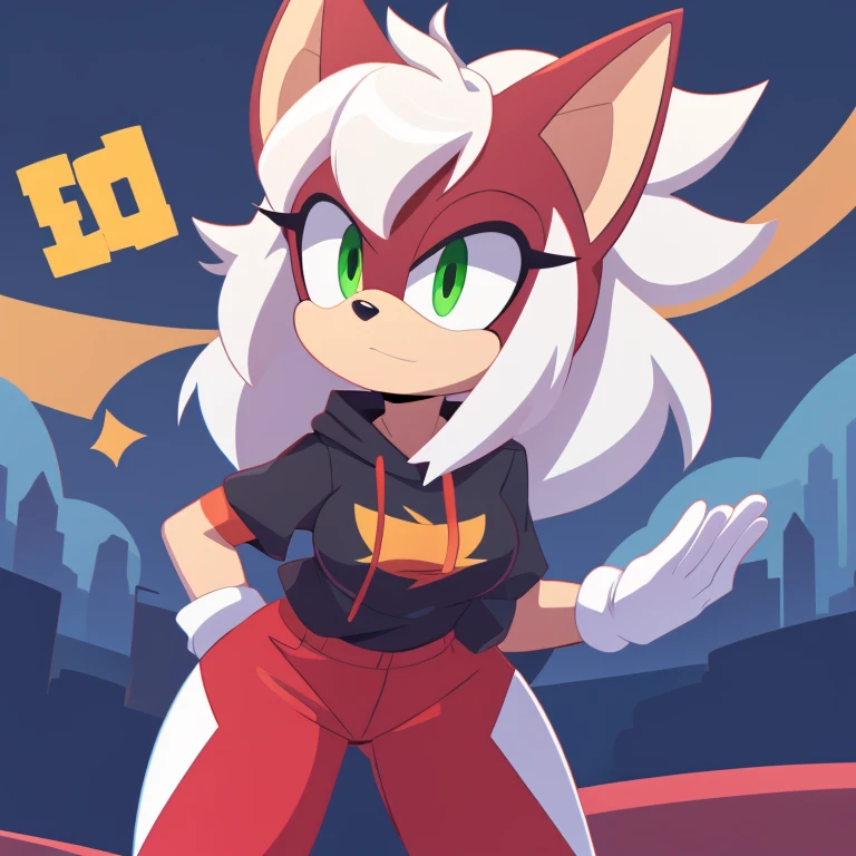 score_9, score_8_up, score_7_up, cel shading, sonic (series), 2d, 1girl, anthro bat, tomboy, parted bangs, hair, white hair, red fur, medium breasts, green eyes