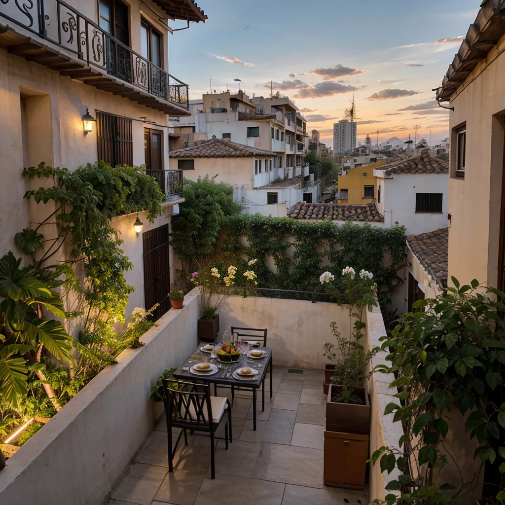 Terraza en la ciudad con veladoras y flores y moderna con el atardecer de fondo