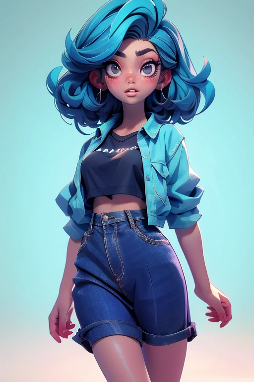 Masterpiece, Best Quality, 3D Rip Artwork, 3DMM Style, Close-up, Portrait, Realism, Solo Girl, Colorful Hair, Blue Hair, Brunette Hair, Freckles, Bi-color Hair, Look to the Side, Simple Background, Black Eyes, Short Hair & Bangs, Parted Lips, Challenge Eye, Black Shirt, Shirt Detail, Watermark Treatment, full body,