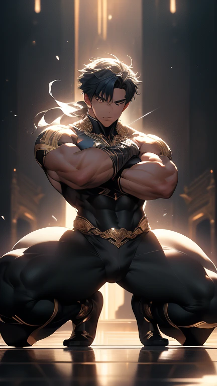 ((Best Quality, 8K, ultra-detailed, Masterpiece: 1.3)) beautifully illustrates a young boy with skin radiating in luminous brilliance and meticulously defined facets, accentuating the allure of Perfect Physical Form and stunningly realistic body contours. The captivating cuteness of his babyish countenance, (1.1), harmoniously contrasts with his dynamic stance, (1.1), which echoes the resolve and martial spirit embodied in an impressive squat, poised for combat. This intriguing pose enthralls the onlooker's gaze, directing it toward the noticeably accentuated region of his lower body, (