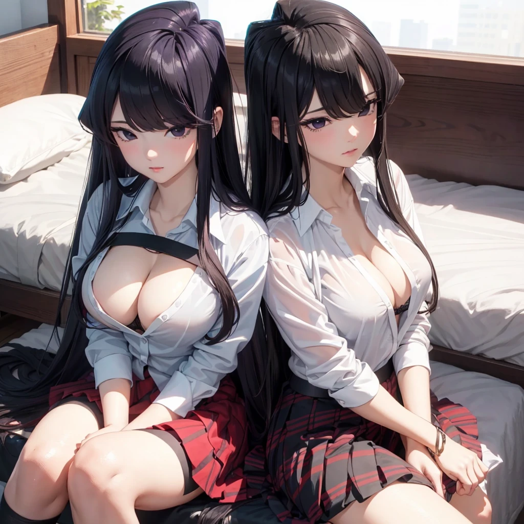 Masterpiece, best quality, highres, highly detailed, 1 girl, long hair, black hair, lavender eyes, large breast, dark blue blazer, unbottened white shirt, black bra, red skirt, black stocking, outdoor, sitting in edge of bed,
