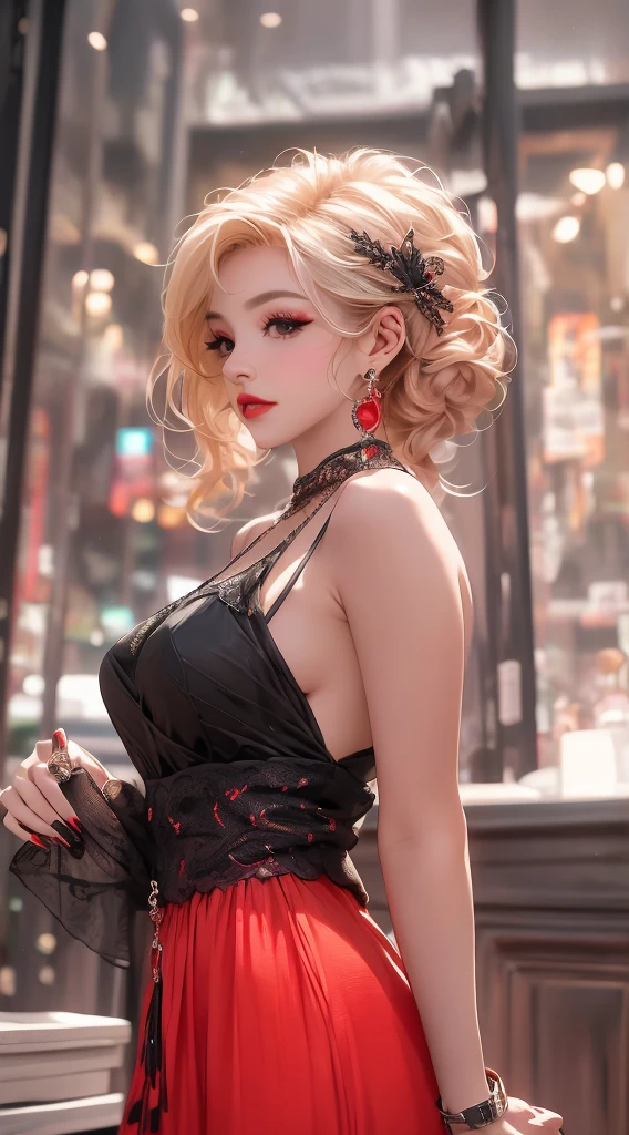 Side profile,masterpiece, top quality, 8K, real person, realistic, very dense CG, shiny skin, fully focused, radiant, Marylin Monroe seductive look,red lips,bold and majestic look,, wearing a loose top, stylish design, mesmerizing look,bold and majestic look, Background England, beautiful and elegant lady