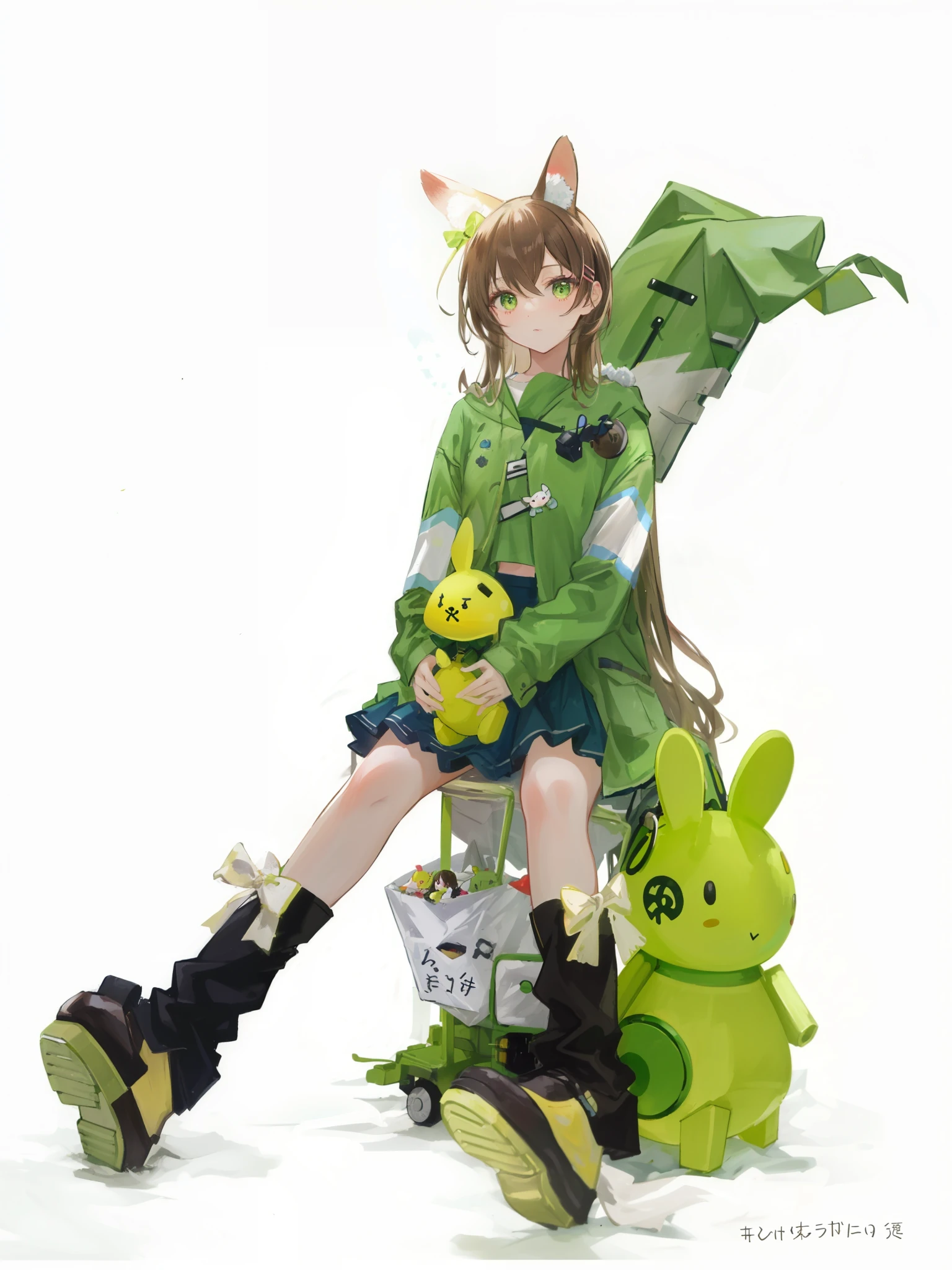 (brown long hair swept bangs:1.3), a close up of a person sitting on a pile of stuffed animals, kemonomimi, cute fumo plush bunny girl, perfect android girl family, ball jointed doll, green clothes, casual green clothing, portrait a woman like reol, green clothing, android heroine, insect trainer girl, shikamimi, anime robotic mixed with organic, acid pixie