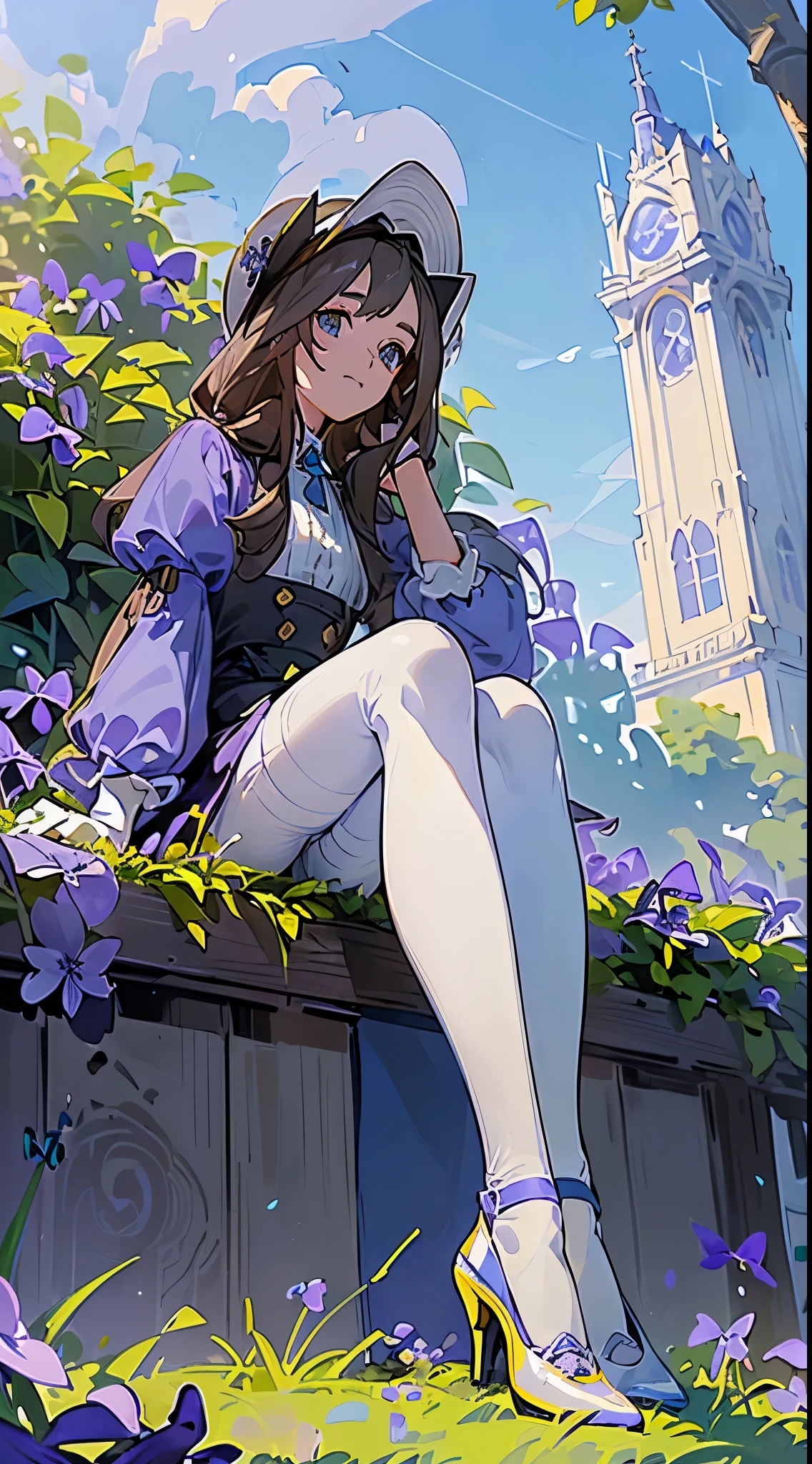 1girll, (((cabellos largos dorados))), (((blue color eyes))),Light smile, Hat,(((Sitting))),Outdoors,(((blue clear skies))),(((Violets grow on the grass next to it))),((((Anne Hathaway)))),(((white stockings))),(((Wear blue high heels)))